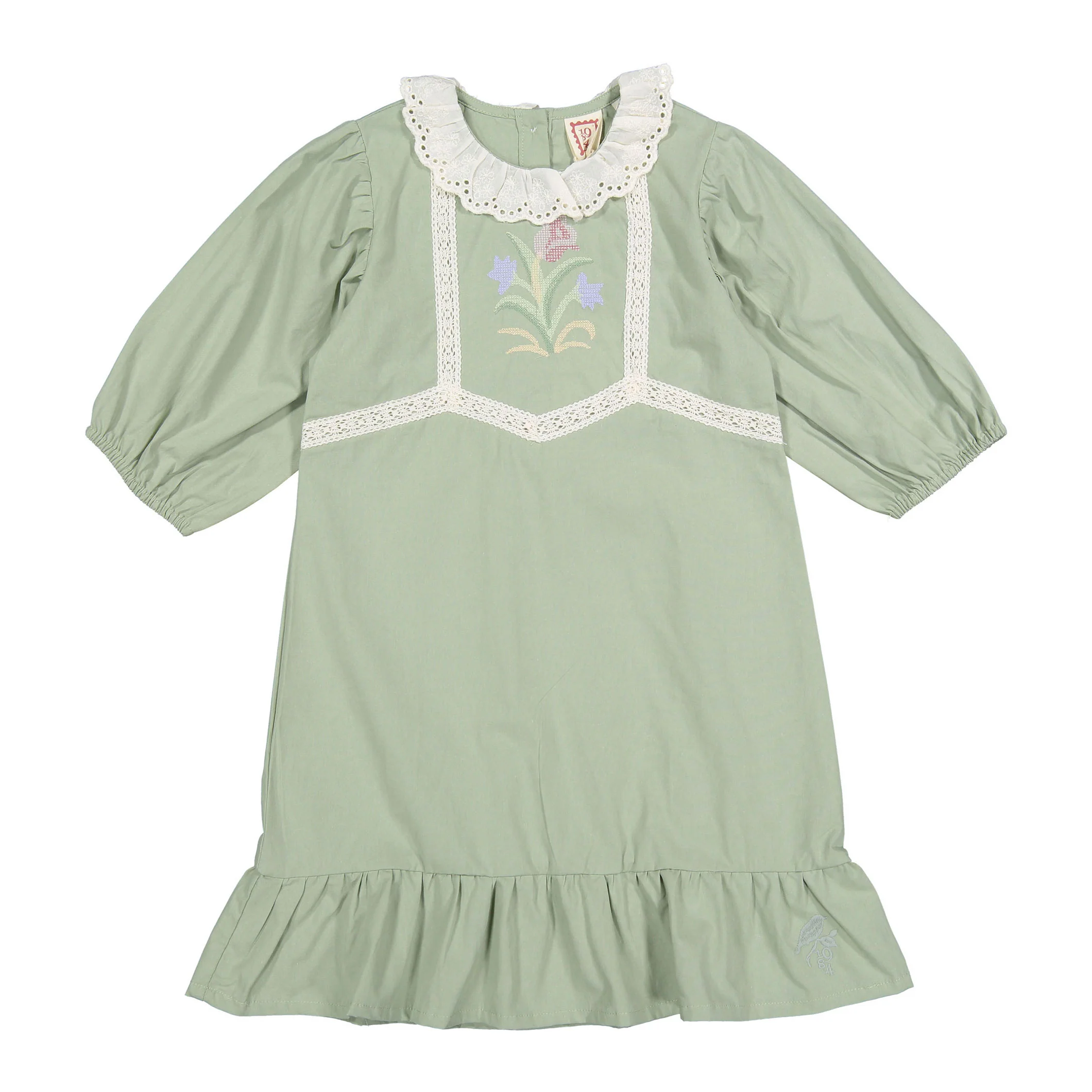 1984 Sage Rose Embroidered 3/4 Sleeve Dress
