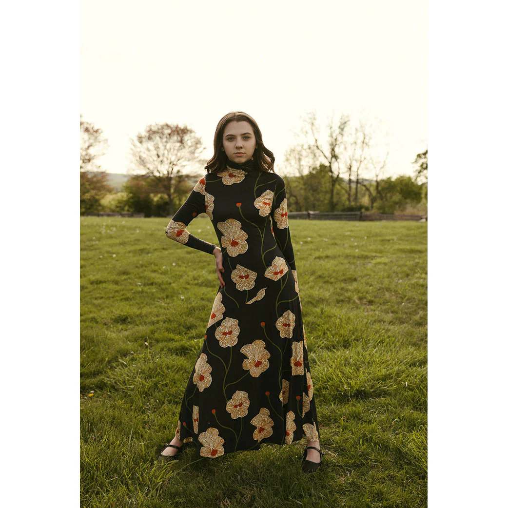 Ava and Lu Black Large Flowers Turtleneck Dress - Image 2