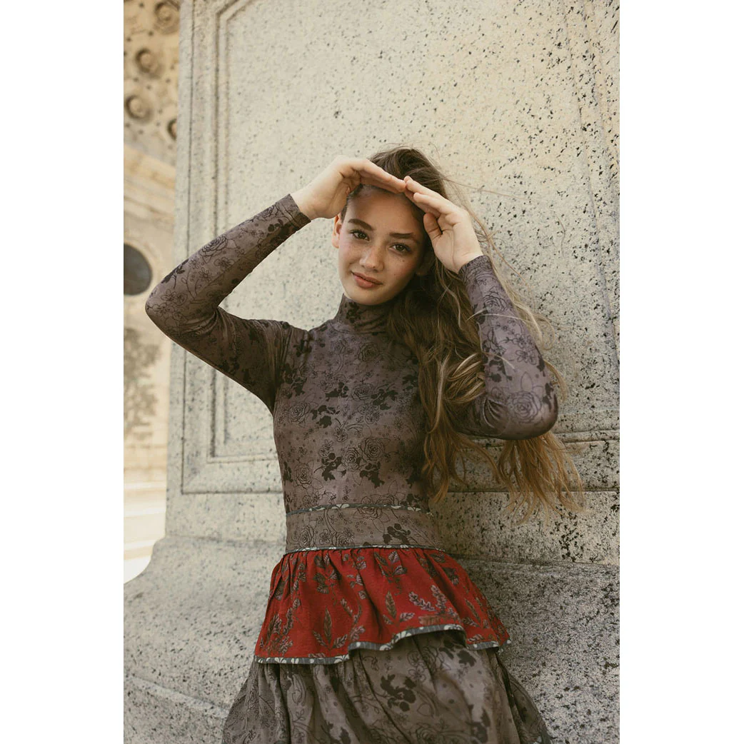 Ava and Lu Taupe Rose Printed  Knit Turtleneck - Image 2