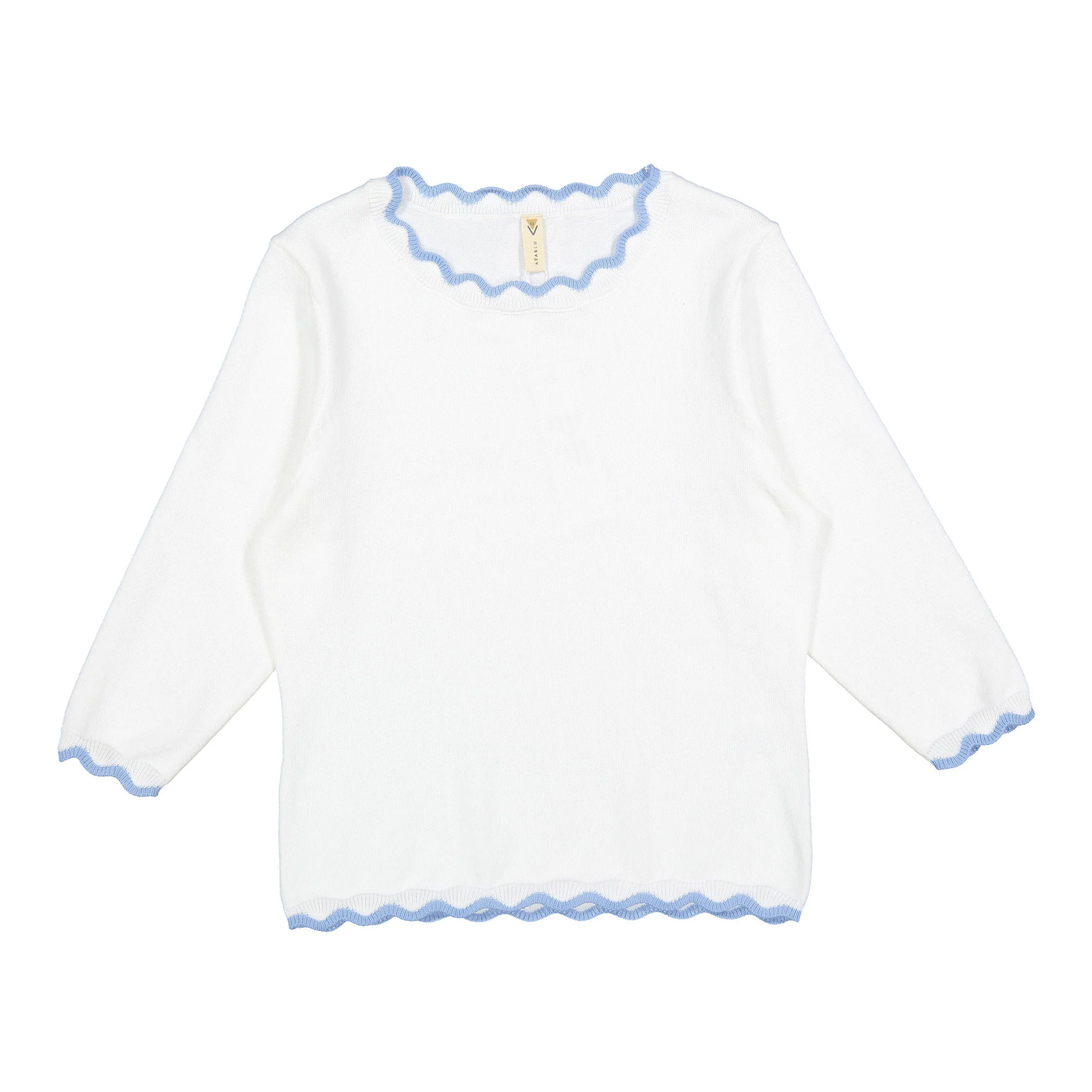 Ava and Lu White/ Blue Scallop Trim Sweater