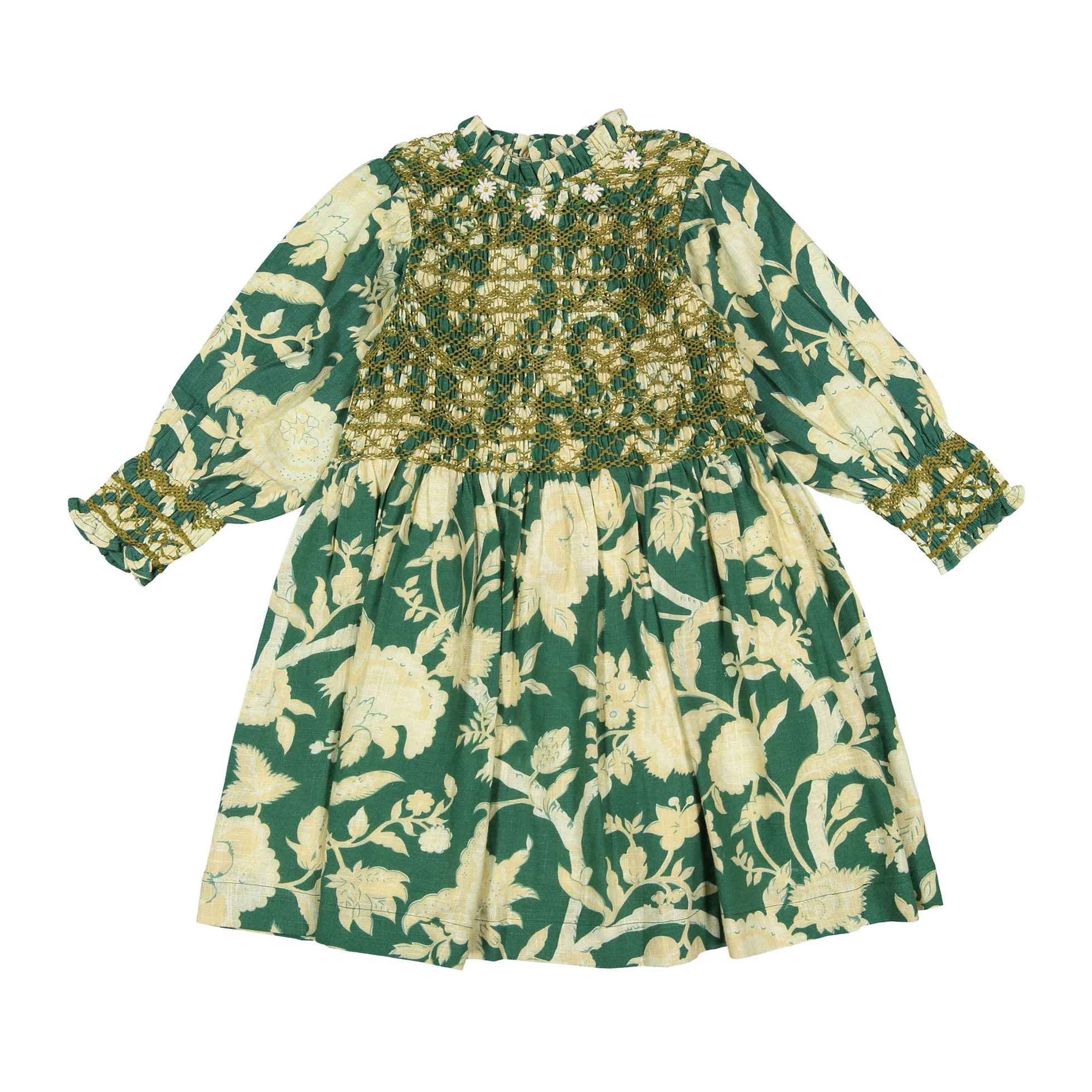 Bonjour Autumnal Green Flower Handsmock Dress