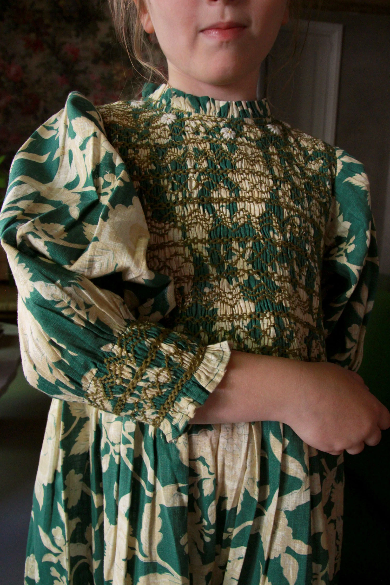 Bonjour Autumnal Green Flower Handsmock Dress - Image 2