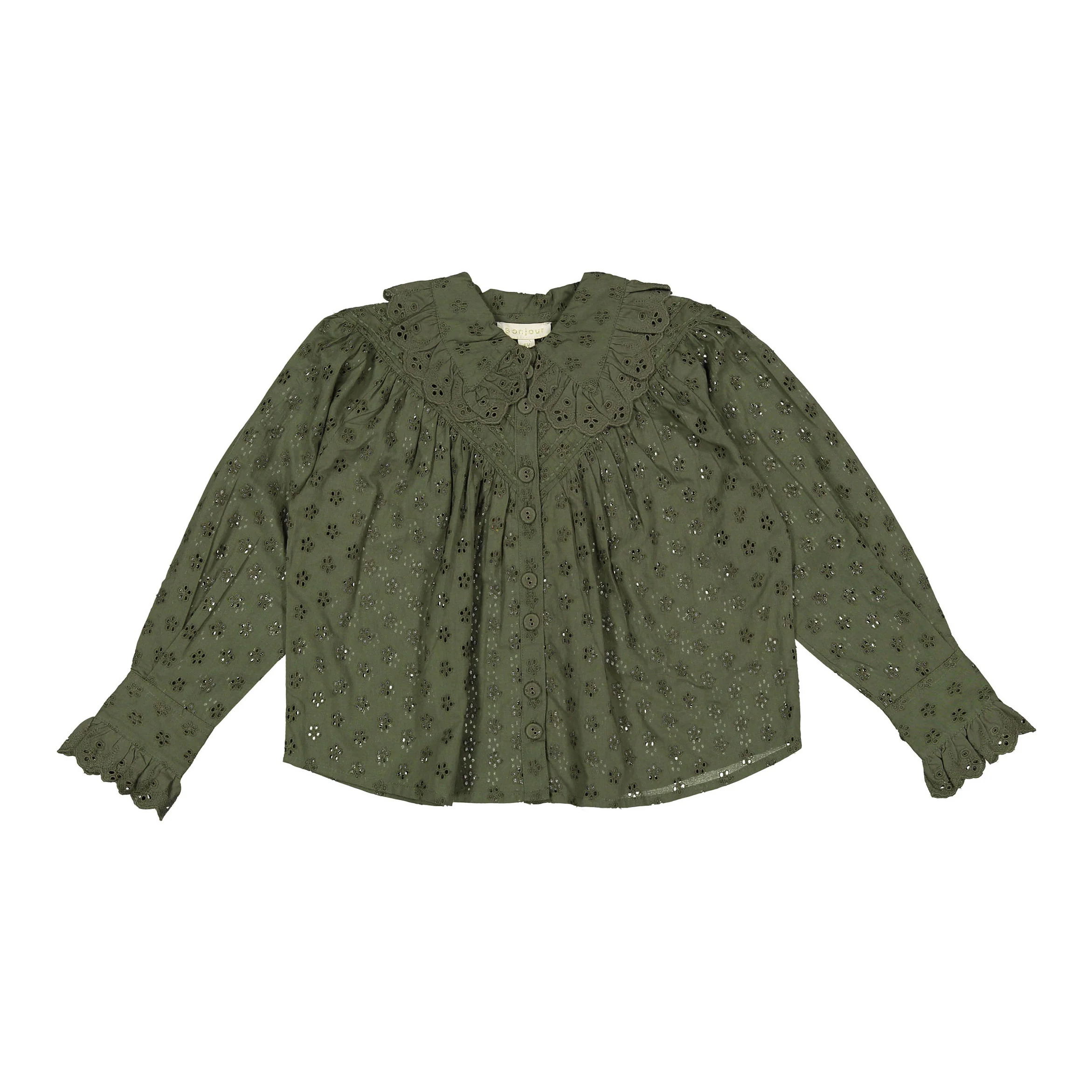 Bonjour Kaki Green Broderie Anglaise Iris Blouse