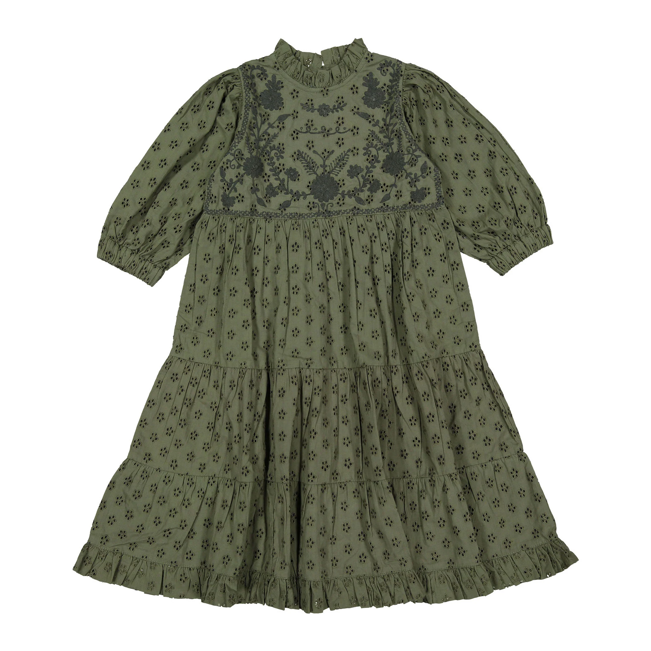 Bonjour Kaki Green Broderie Anglaise Margot Dress