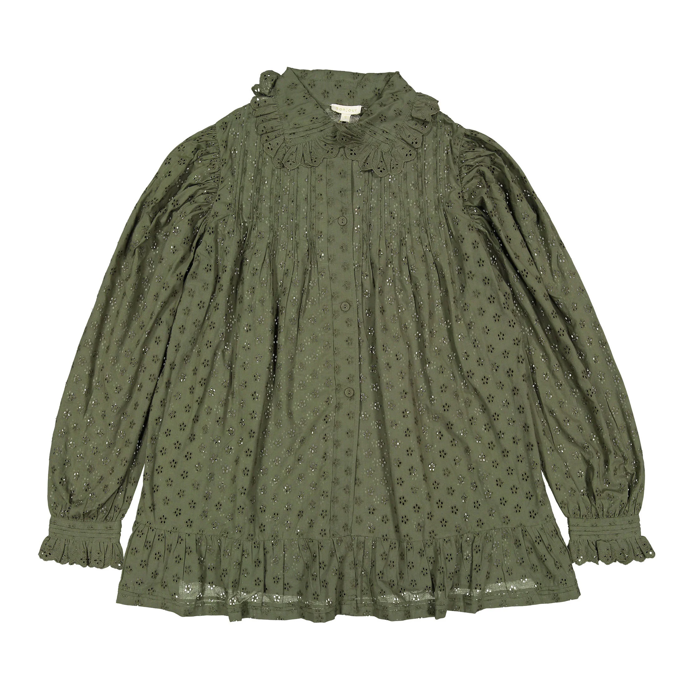 Bonjour Kaki Green Broderie Anglaise Women Blouse