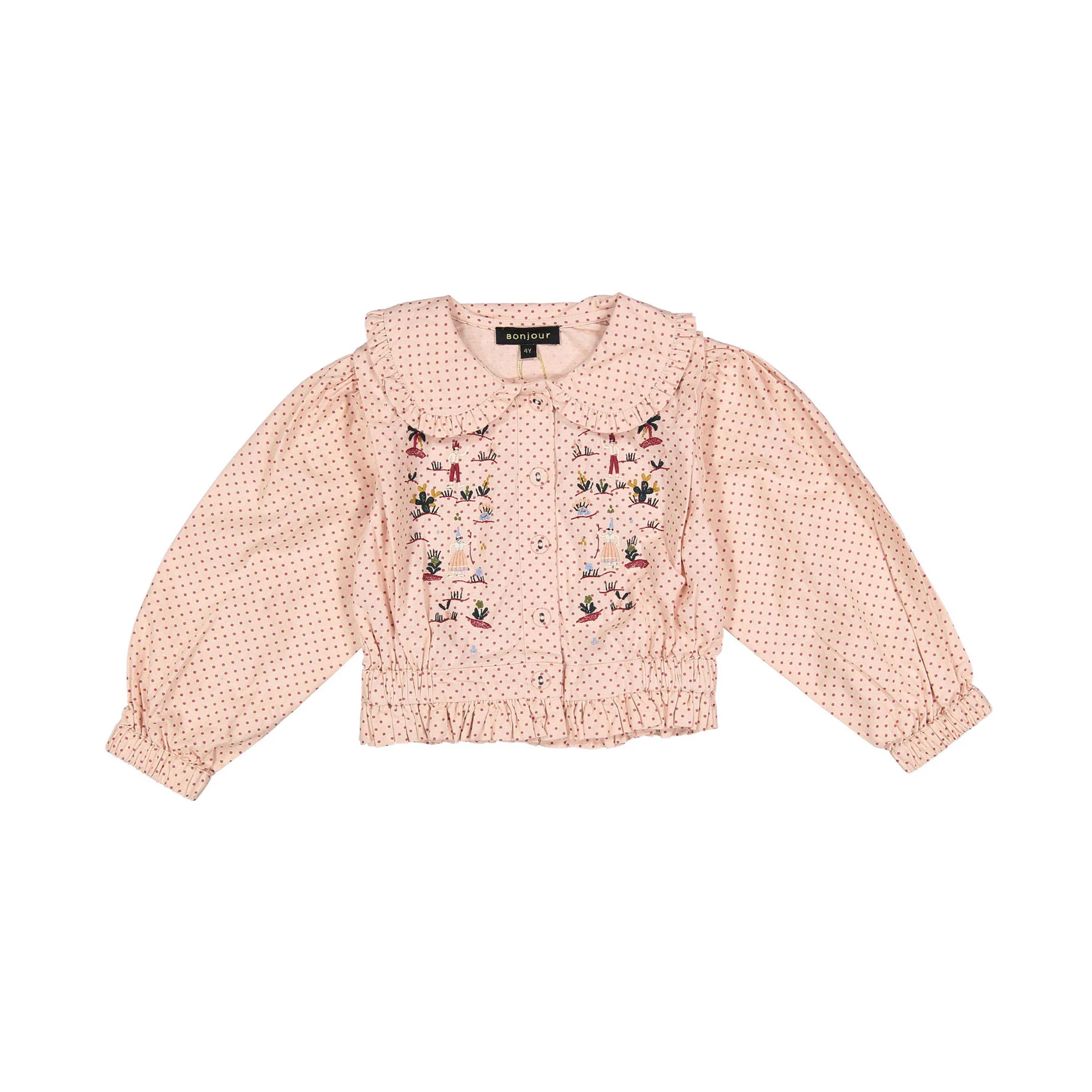 Bonjour Pink Dot Print Embroidered Shirt