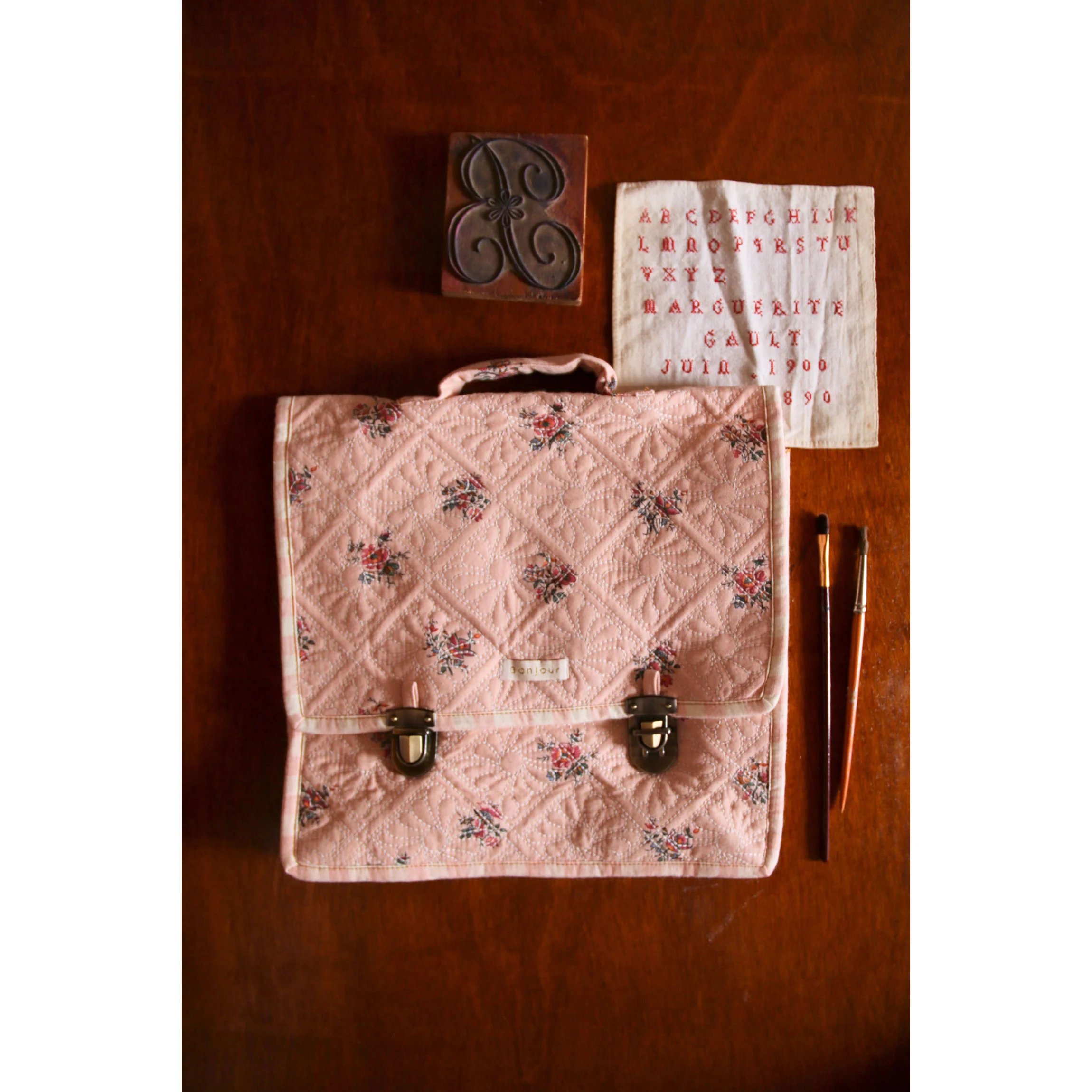 Bonjour Pink Garden Flowers Print Quilted School Bag