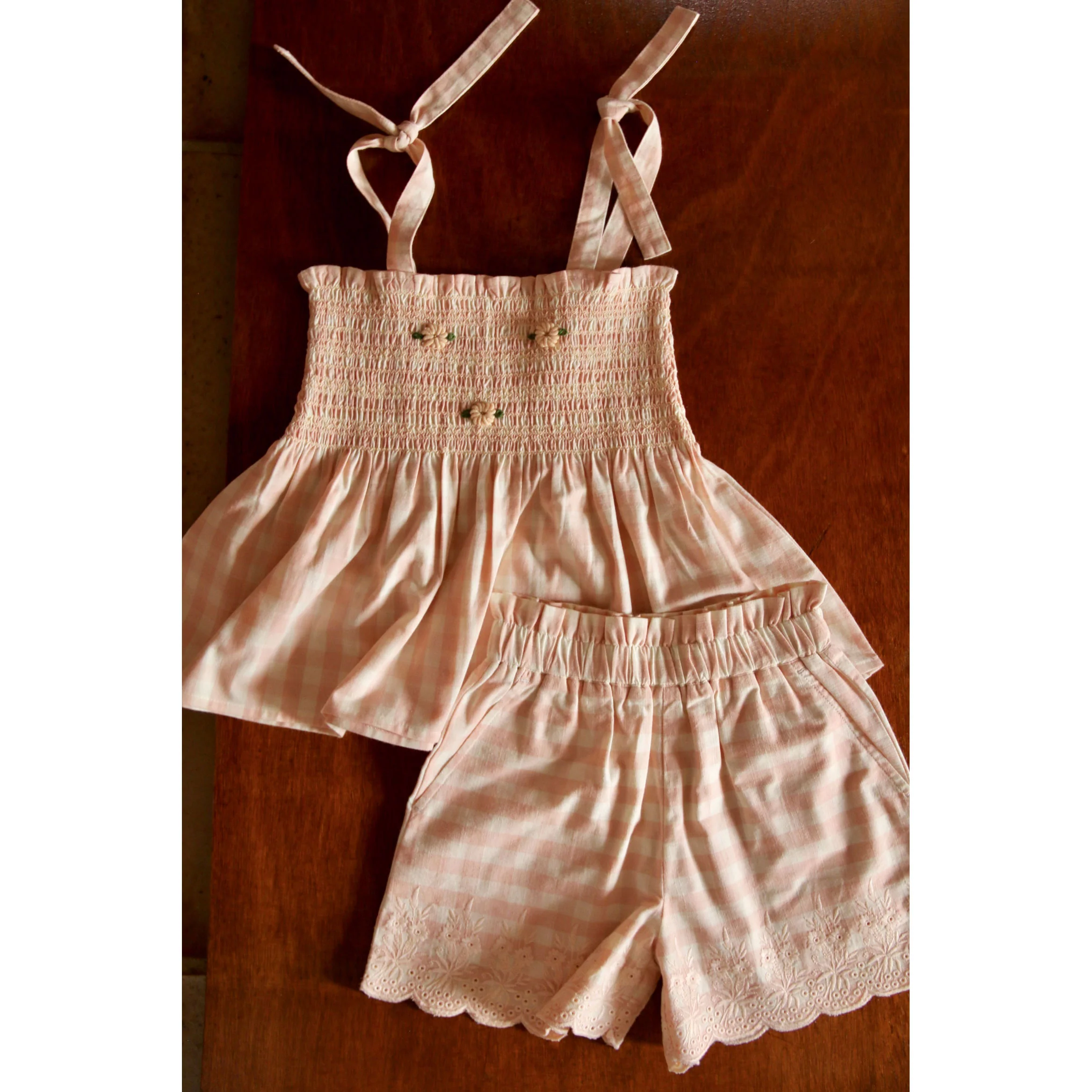 Bonjour Pink Vichy Embroidered  Set