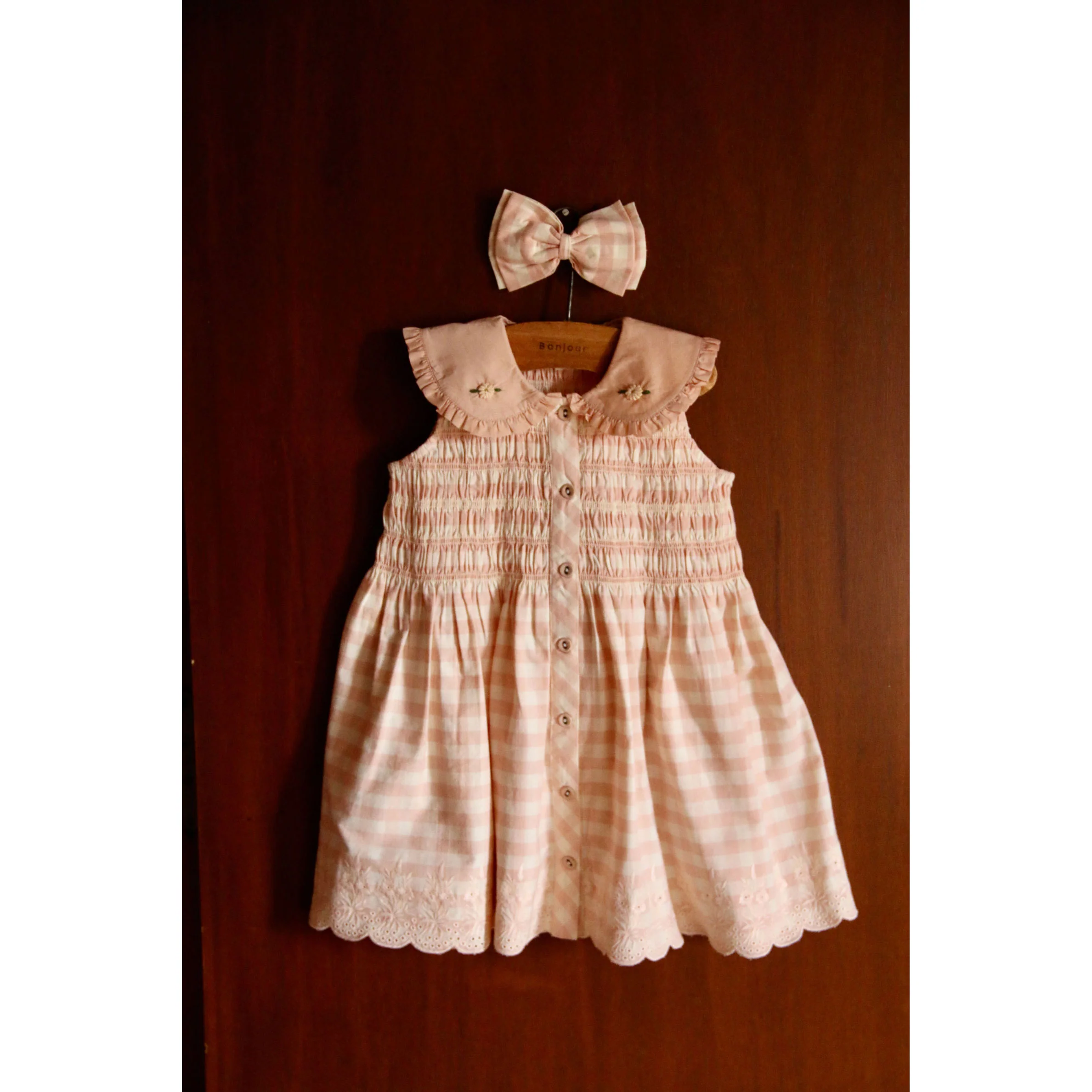 Bonjour Pink Vichy Embroidered Tunic + Hair Clip