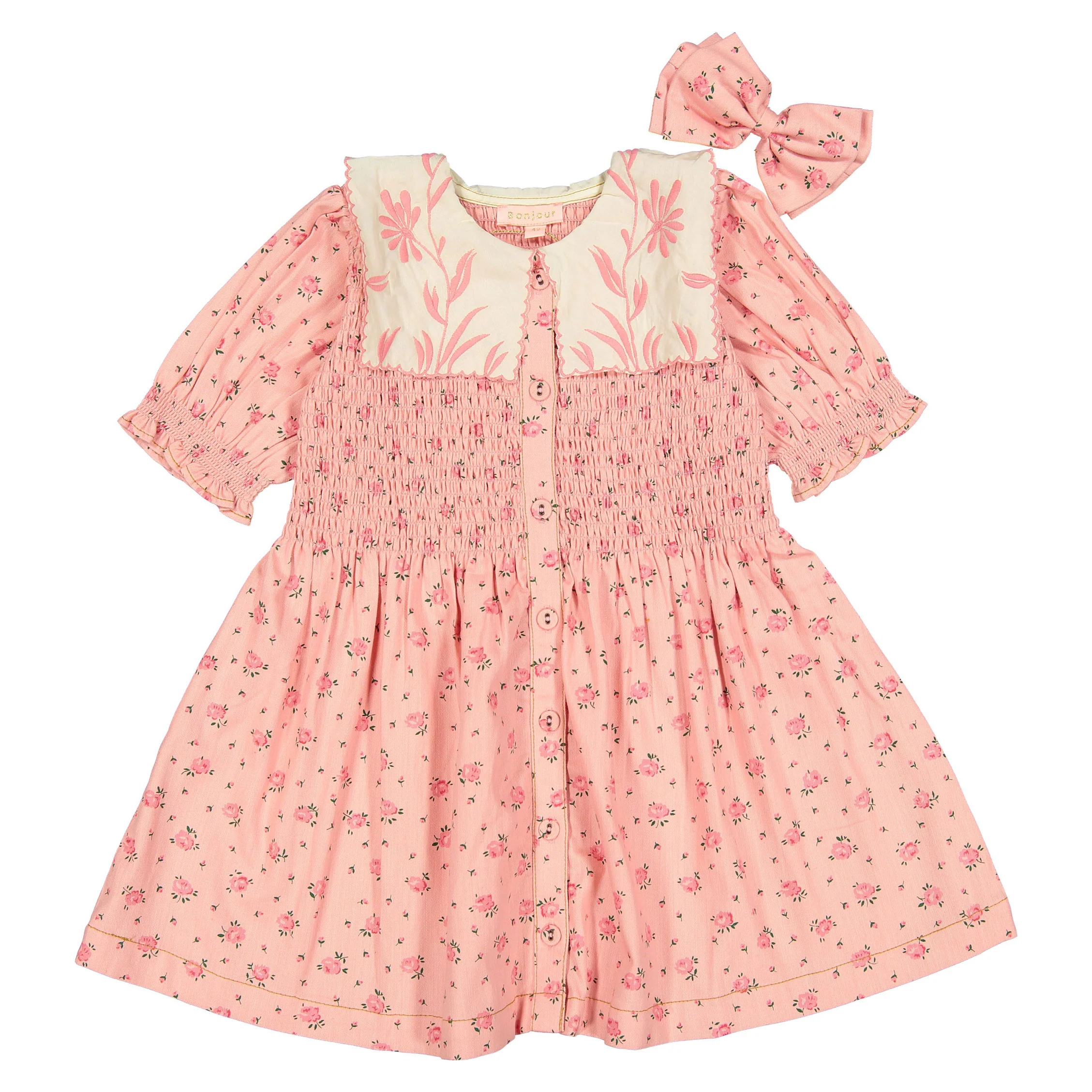 Bonjour Rosa Bloom Print Denim Tunique With Collar & Hairclip