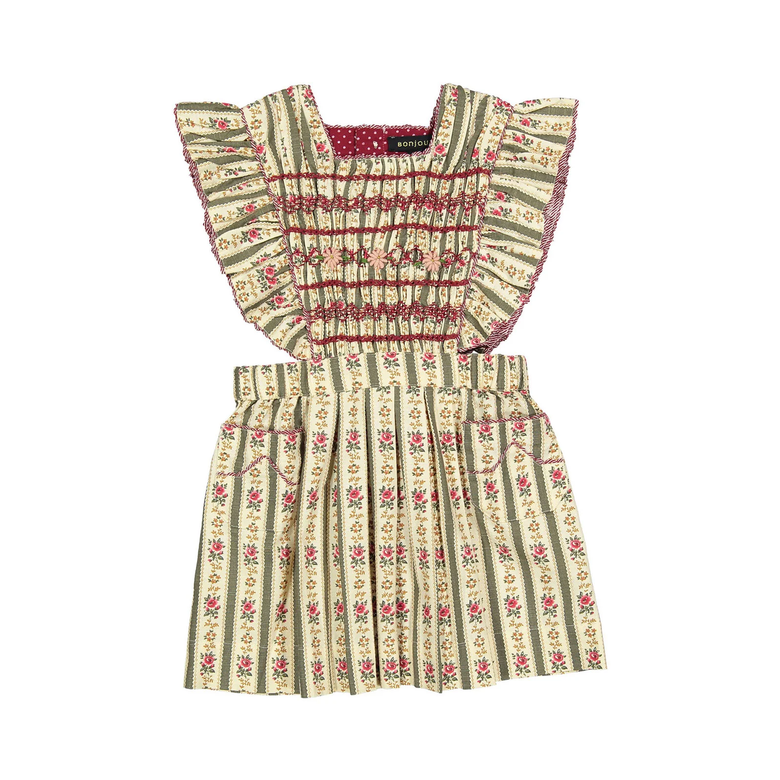 Bonjour Tapestry Khaki Stripe Apron Dress