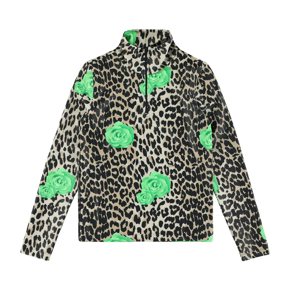 Caroline Bosmans Leopard Rose Mesh Turtleneck
