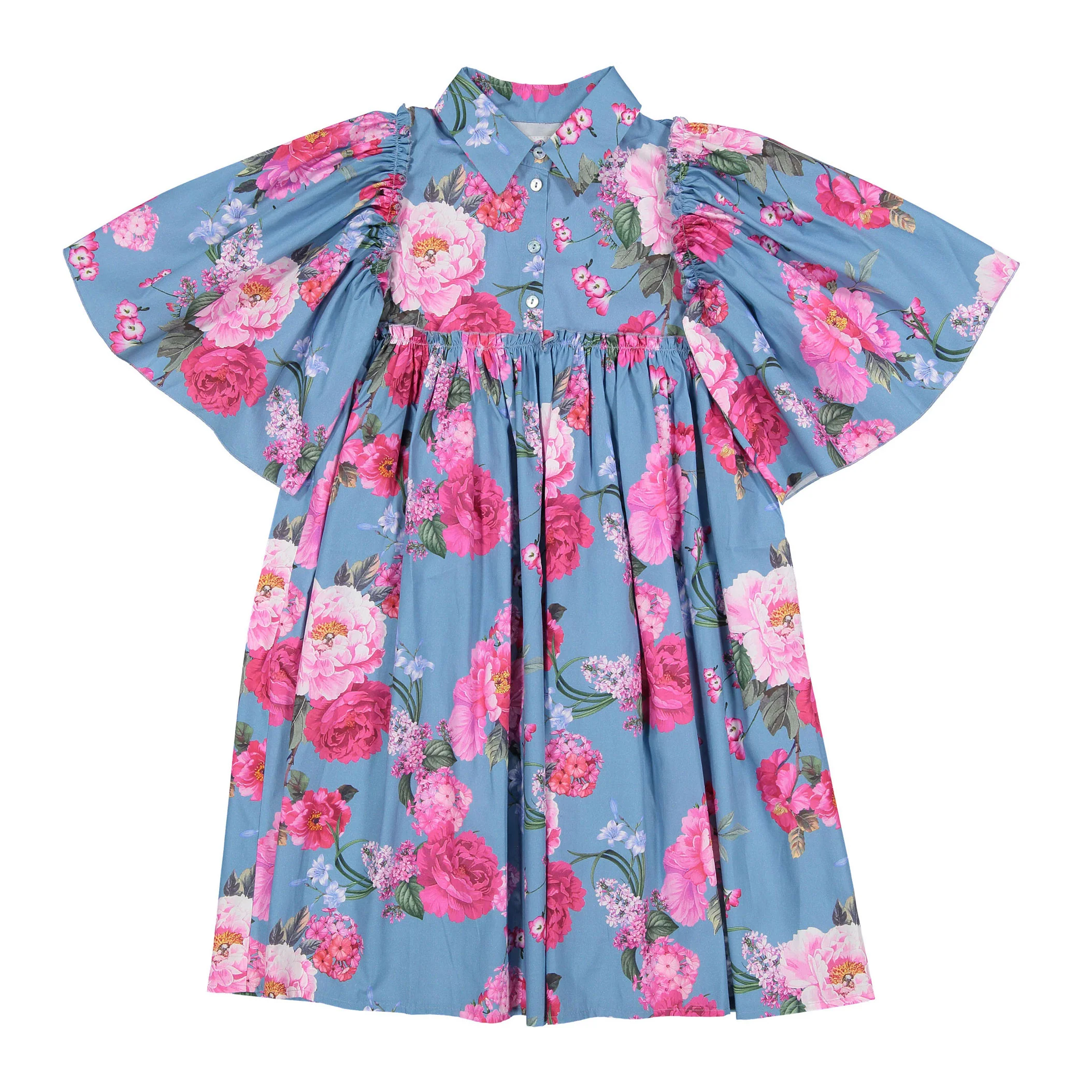 Christina Rohde Blue/Pink Flutter Sleeve Dress