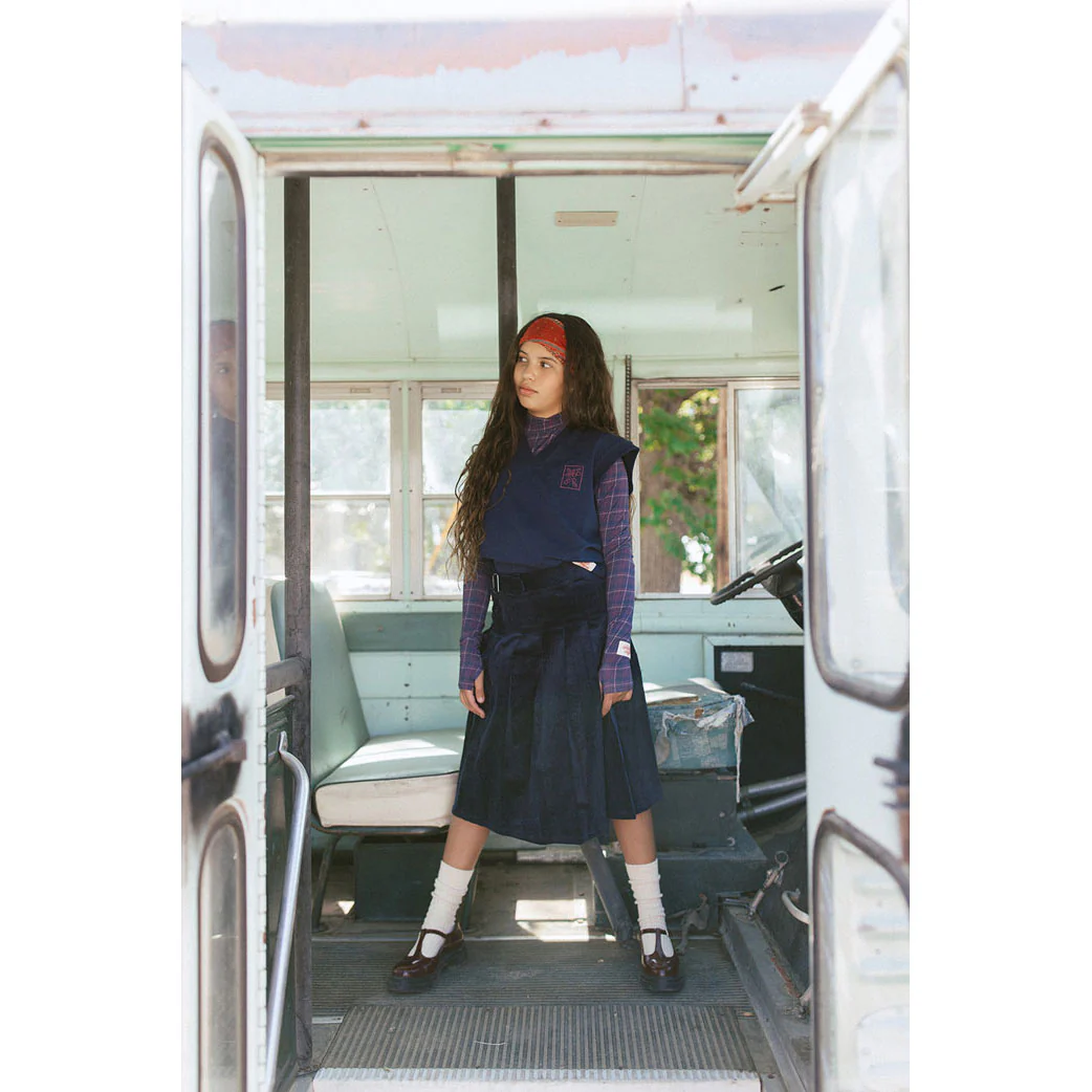 Clubhouse Navy Denim Corduroy Belt Detail Pleated Skirt - Image 2