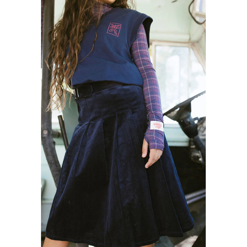 Clubhouse Navy Denim Corduroy Belt Detail Pleated Skirt - Image 4