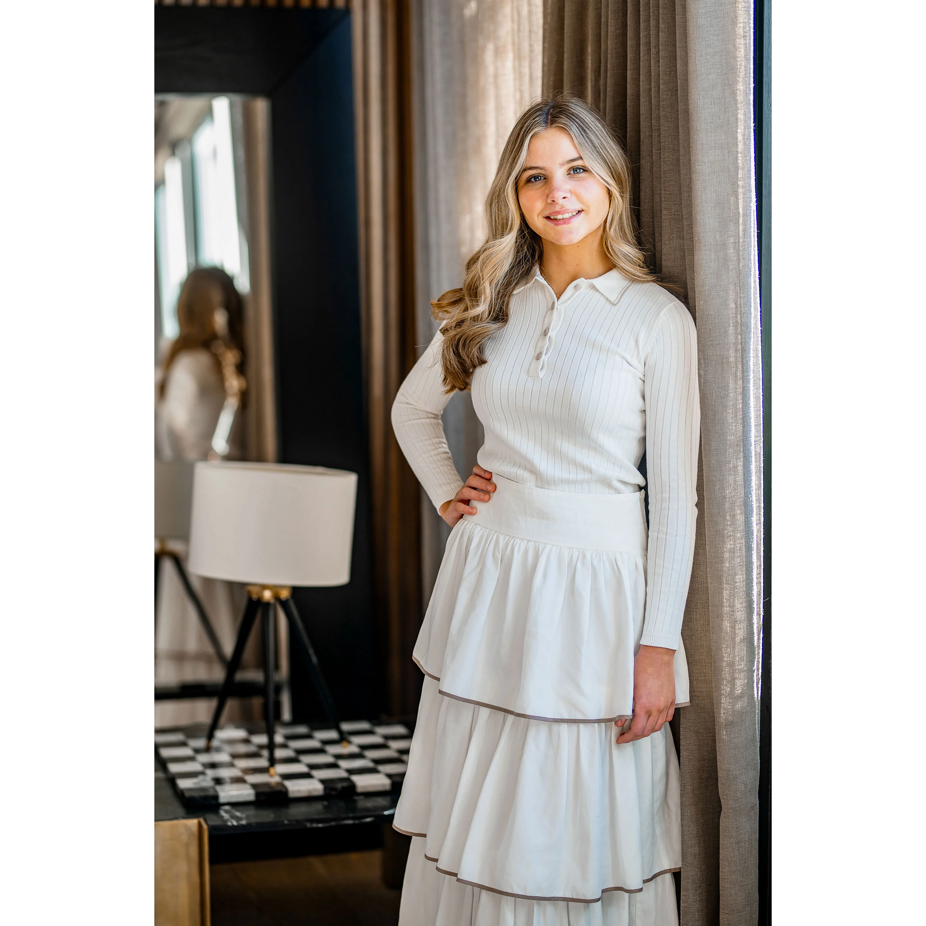 Coco Blanc Ivory/Taupe Trim Ruffled Skirt - Image 5