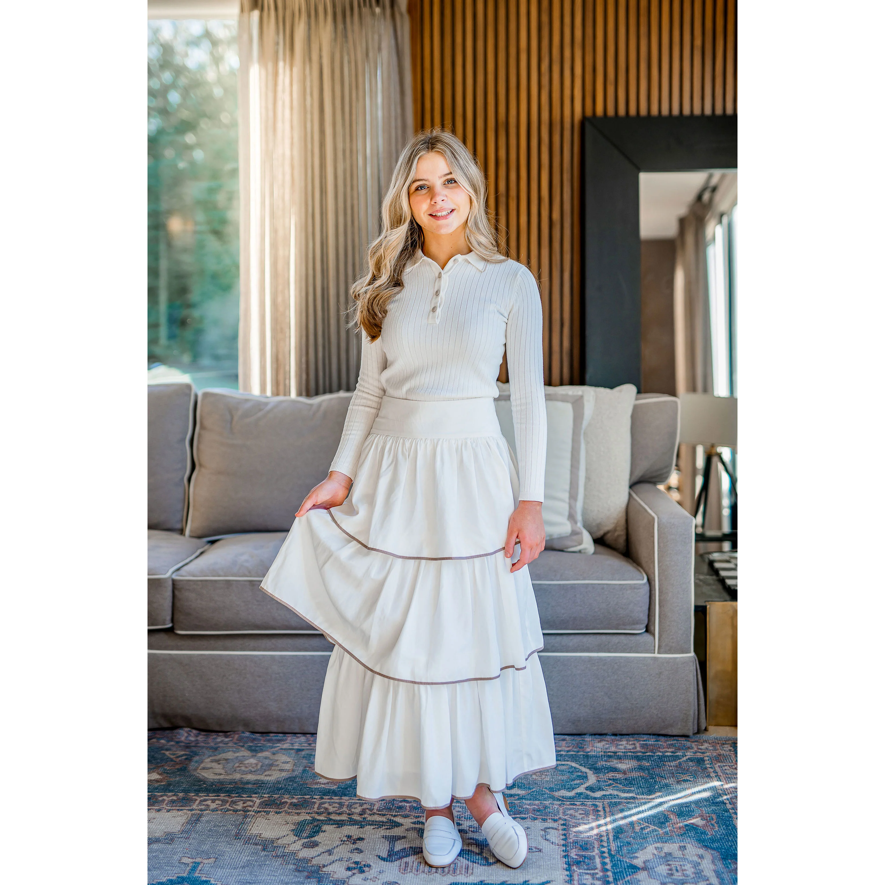 Coco Blanc Ivory/Taupe Trim Ruffled Skirt - Image 6