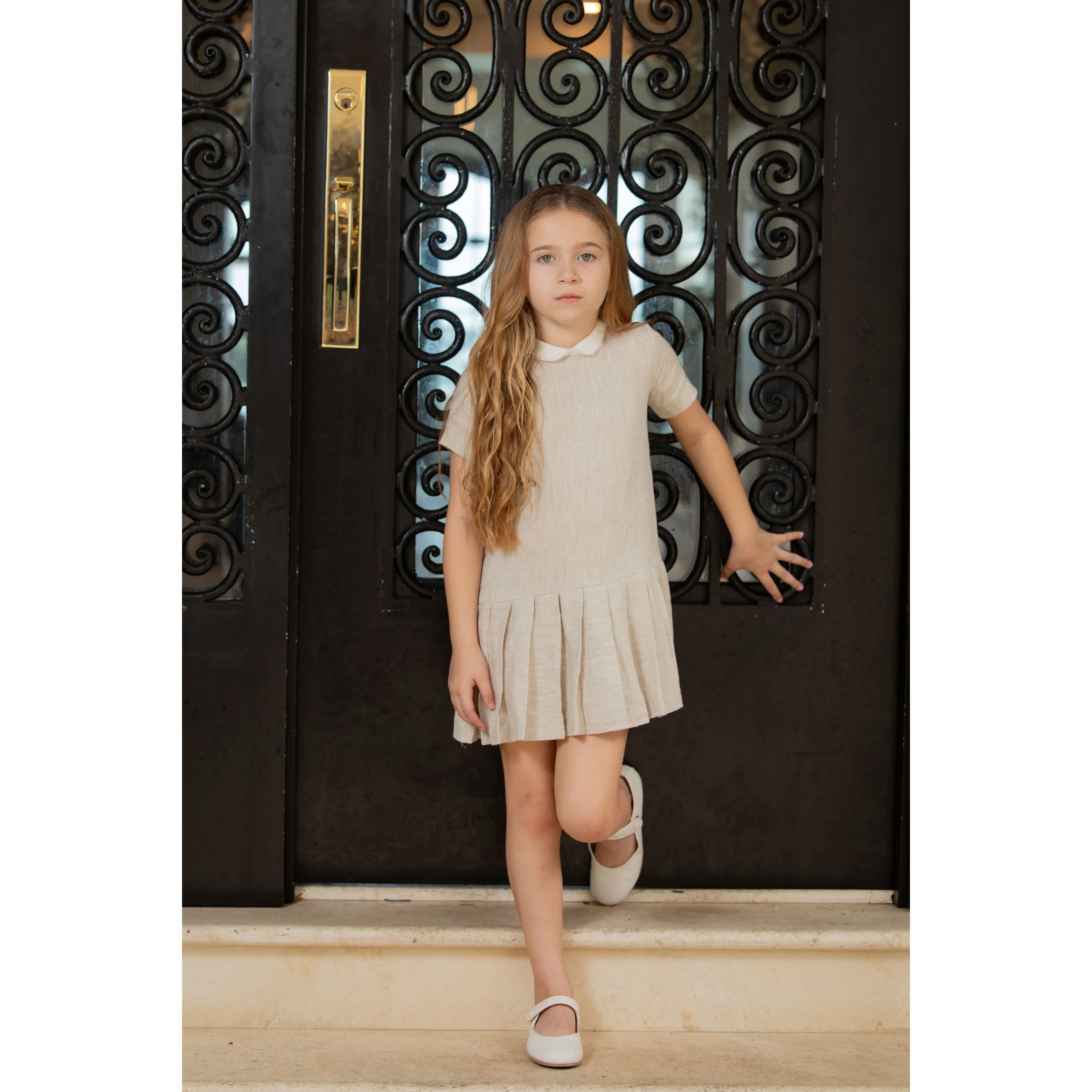 Coco Blanc Sand Linen Drop Pleated Short Sleeve Dress - Image 2