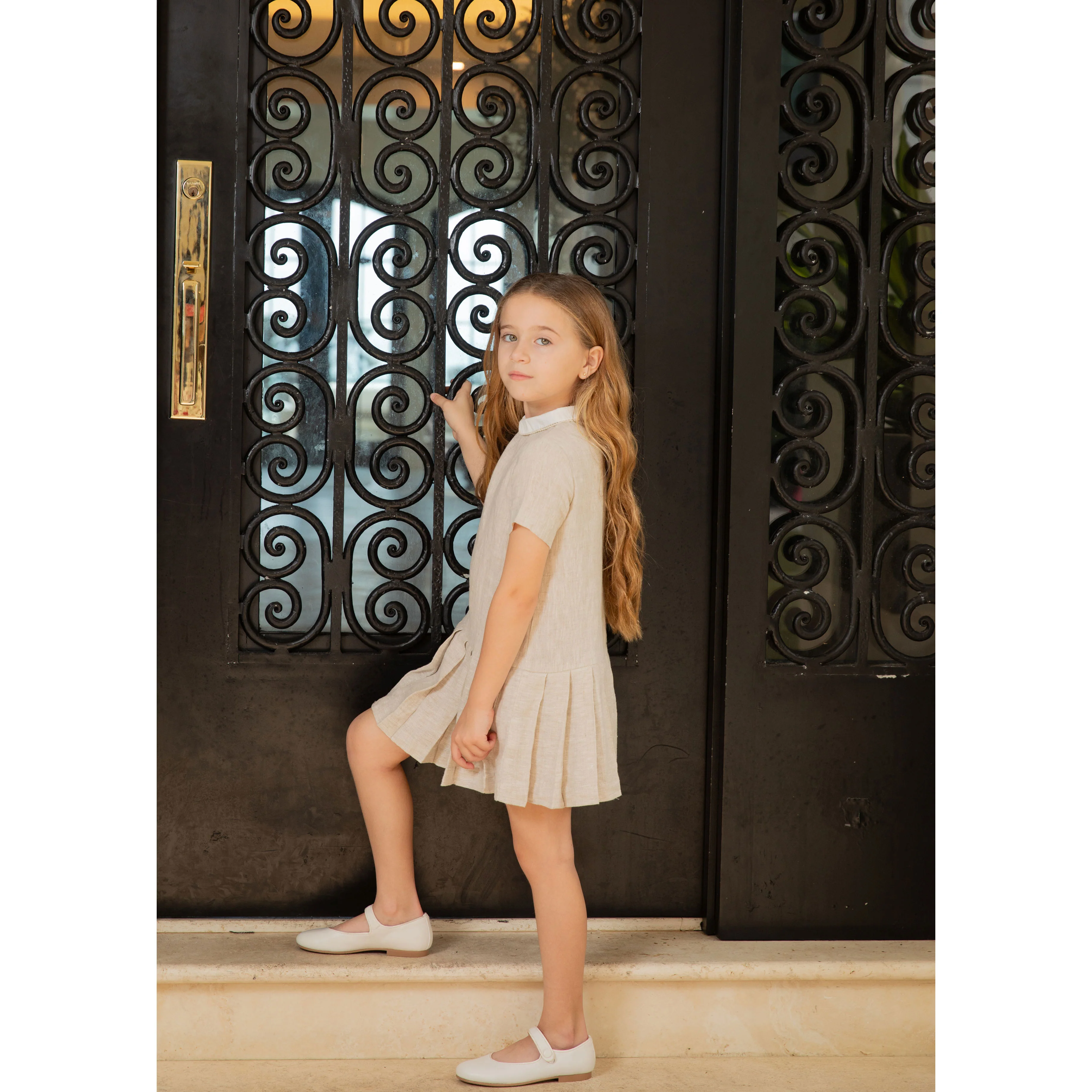 Coco Blanc Sand Linen Drop Pleated Short Sleeve Dress - Image 3