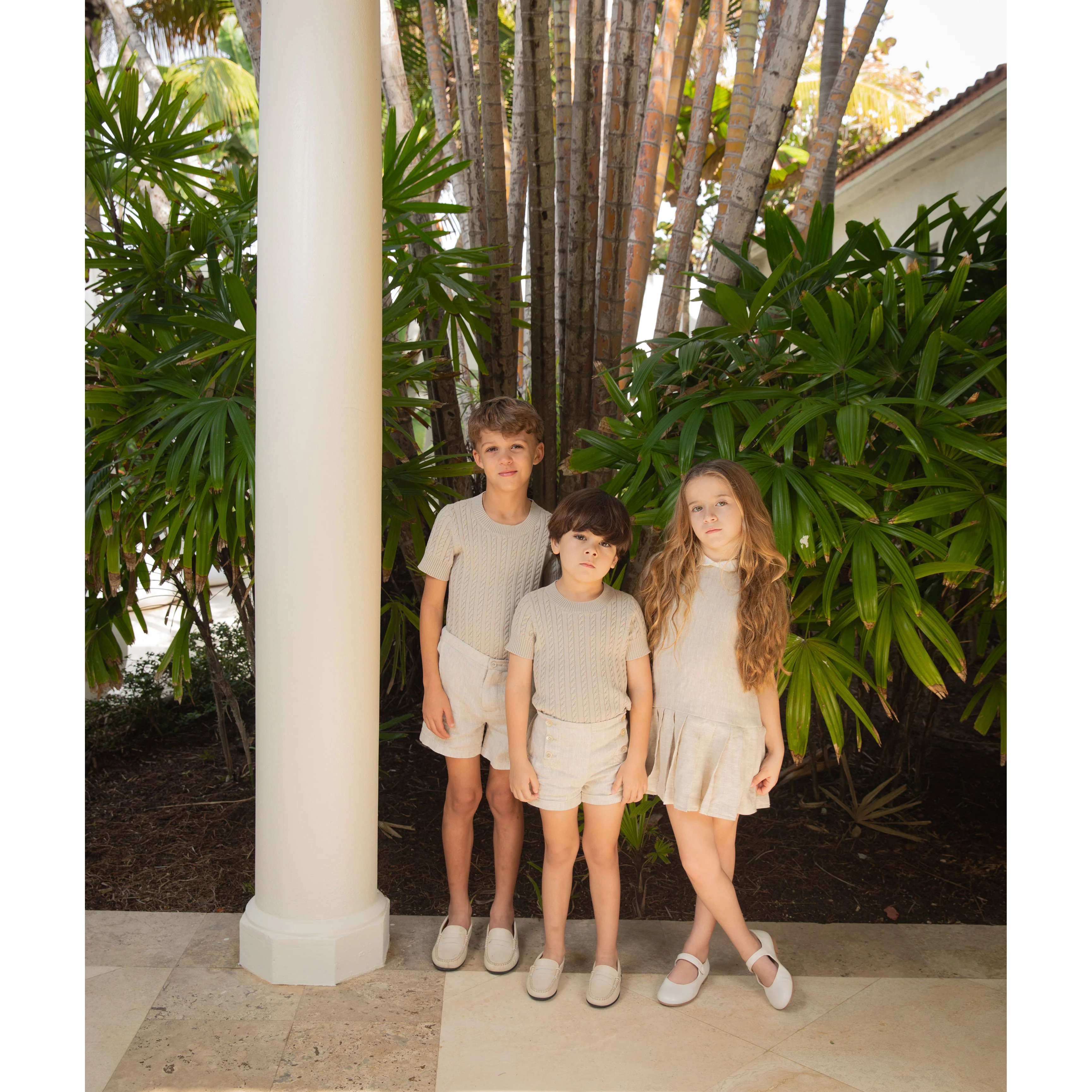 Coco Blanc Sand Linen Drop Pleated Short Sleeve Dress - Image 4