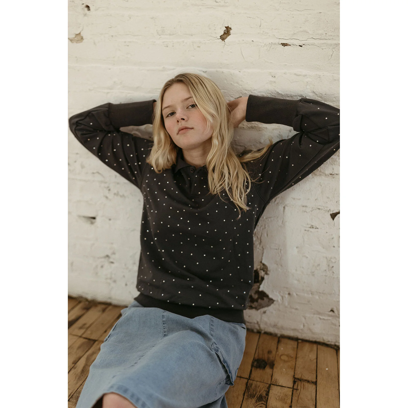 Elements Grey Wash Rhinestones Polo Sweatshirt - Image 2