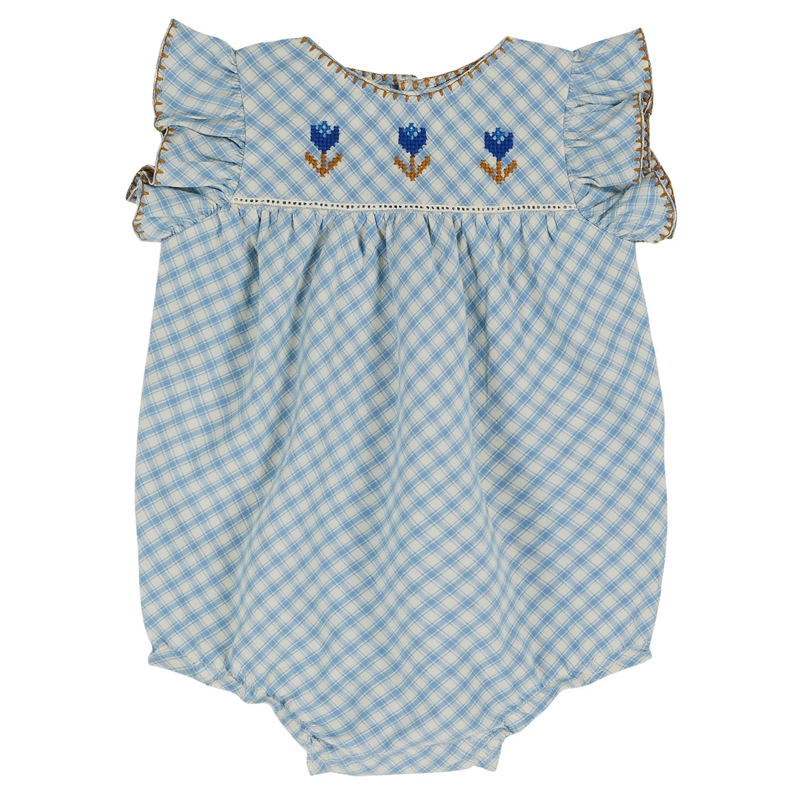 Emile et Ida Blue Gingham Embroidered Romper