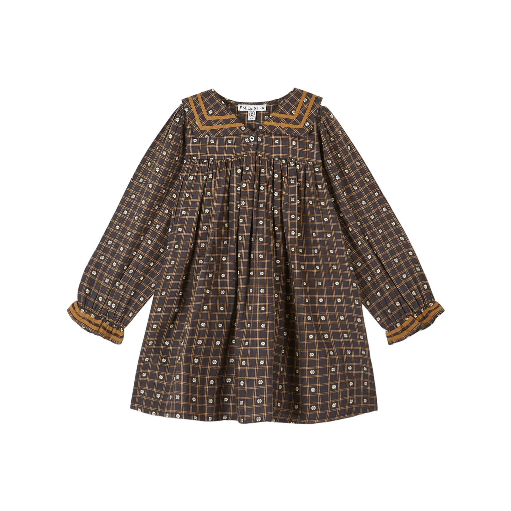 Emile et Ida Brown Flower Check Sailor Collar Dress