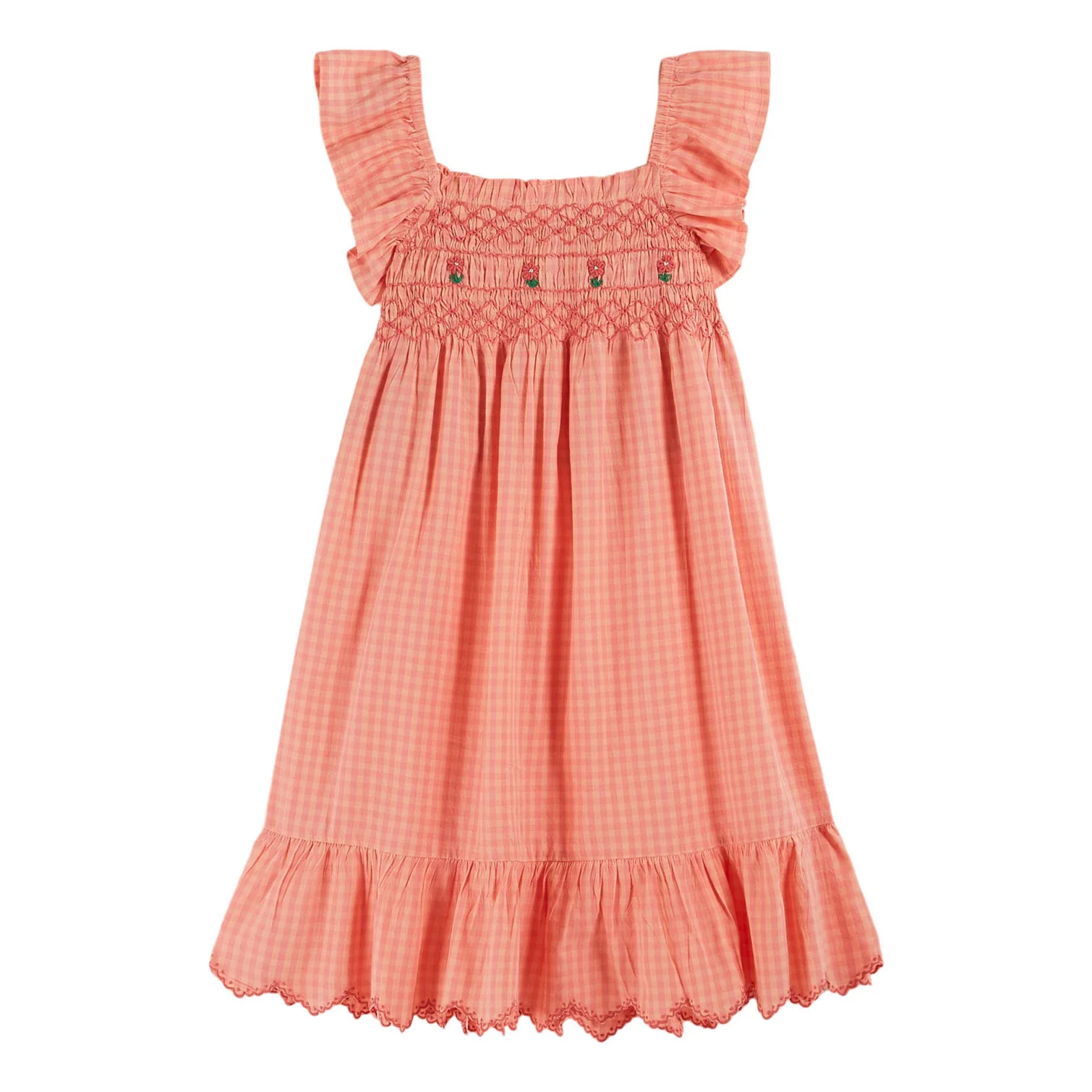 Emile et Ida Red Vichy Embroidered Smocked Dress