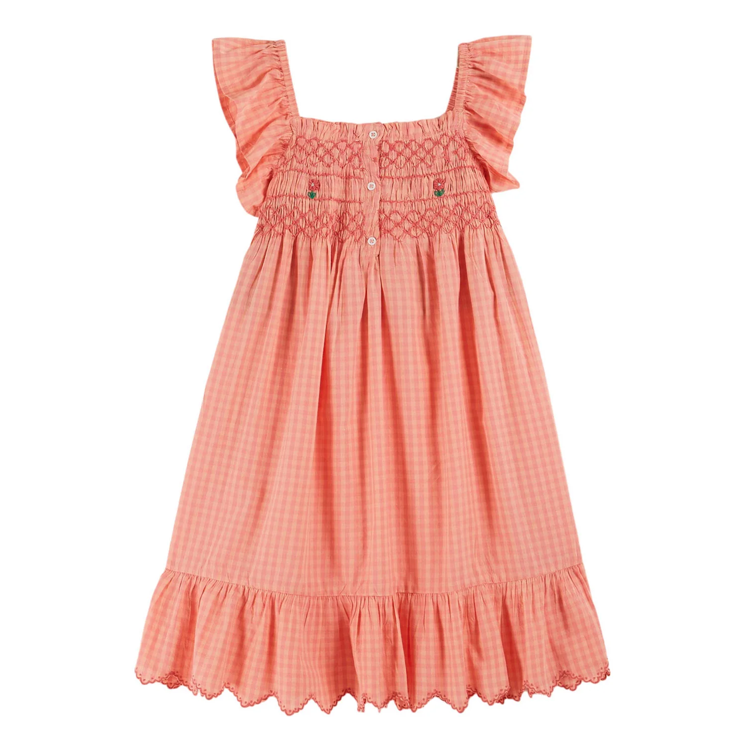 Emile et Ida Red Vichy Embroidered Smocked Dress - Image 2