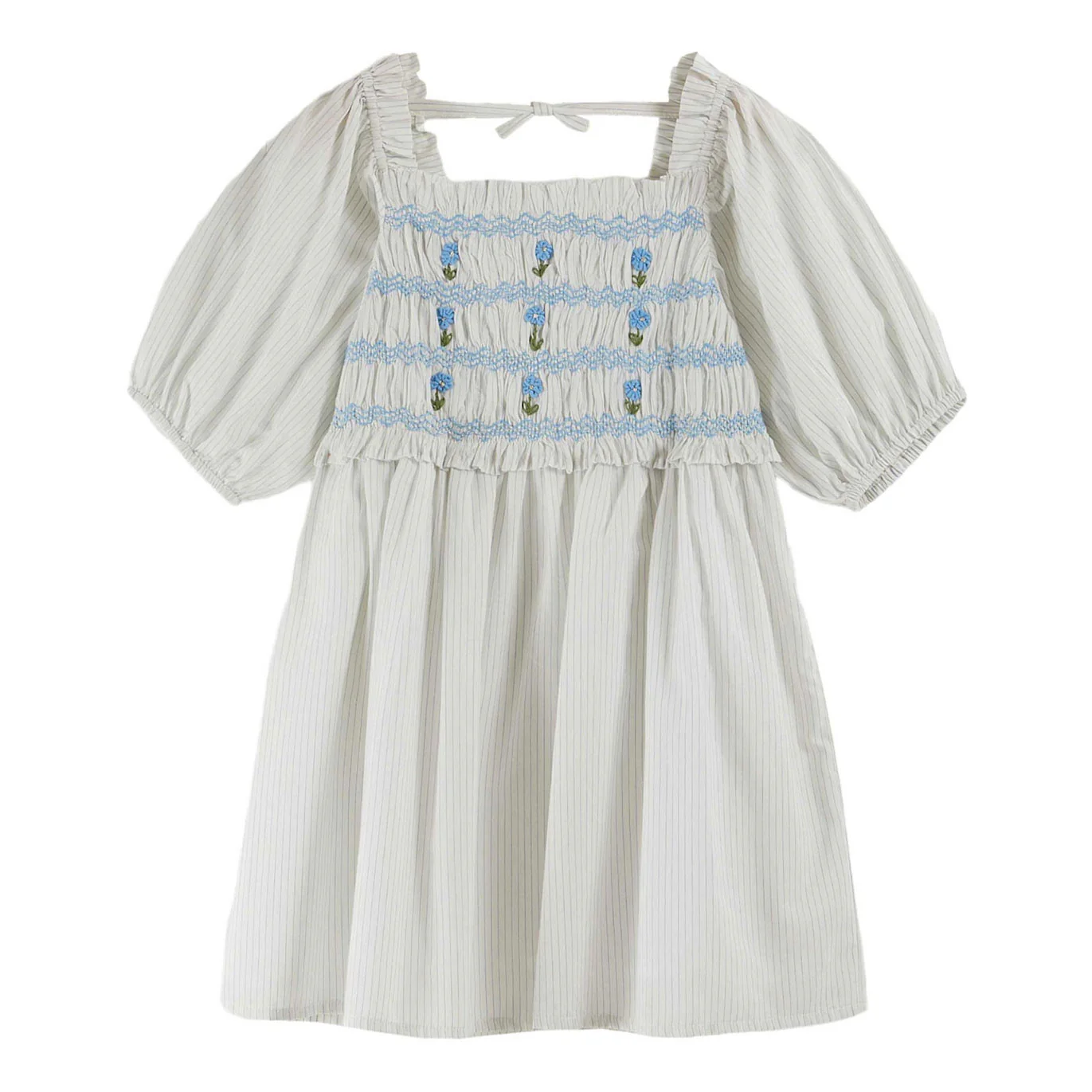 Emile et Ida Sky Striped Embroidered Smocked Dress
