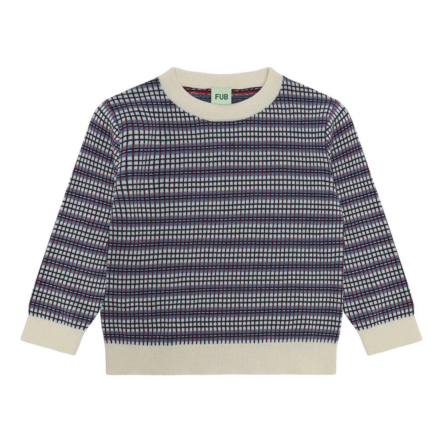 FUB Ecru/Sea Checked Crew Sweater