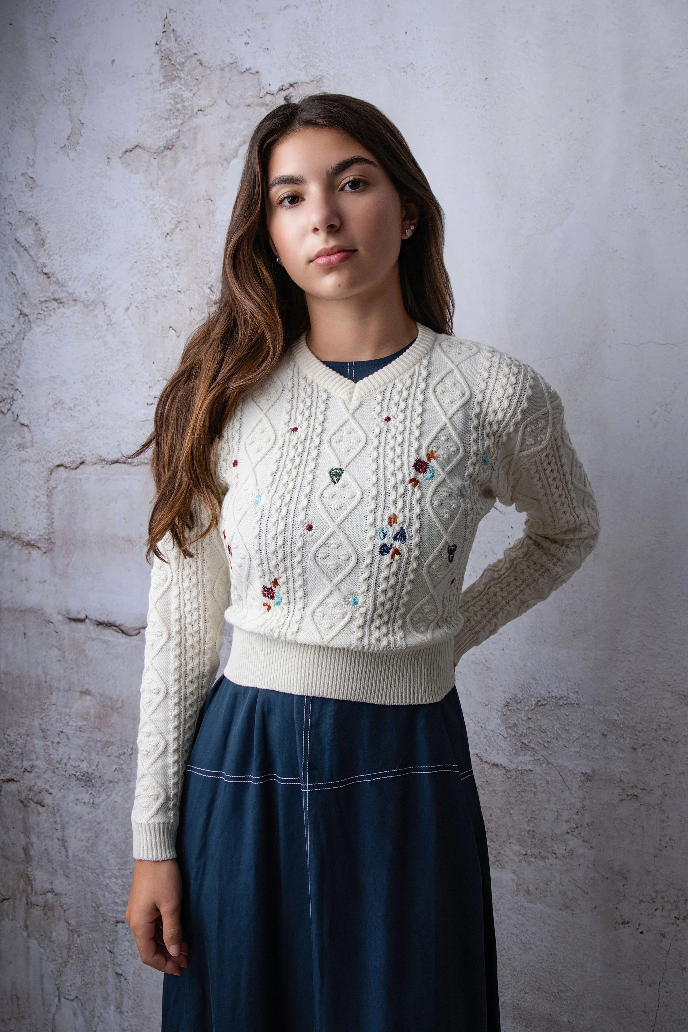 HEV Cream Embroidered Knit Back Tie Sweater - Image 2