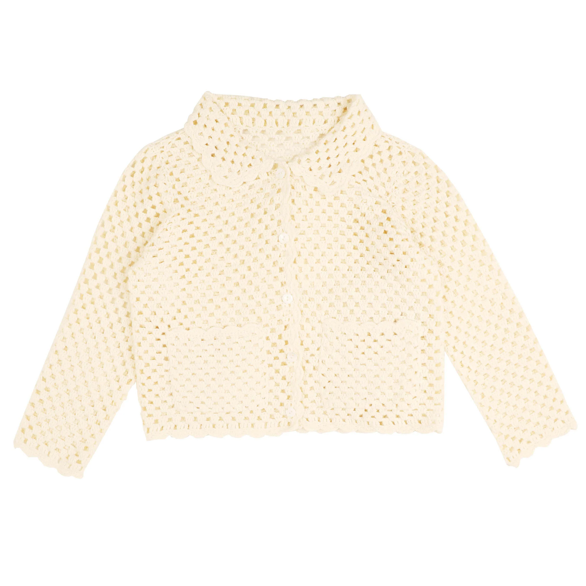 HEV Solid White Crochet Texture Buttoned Cardigan