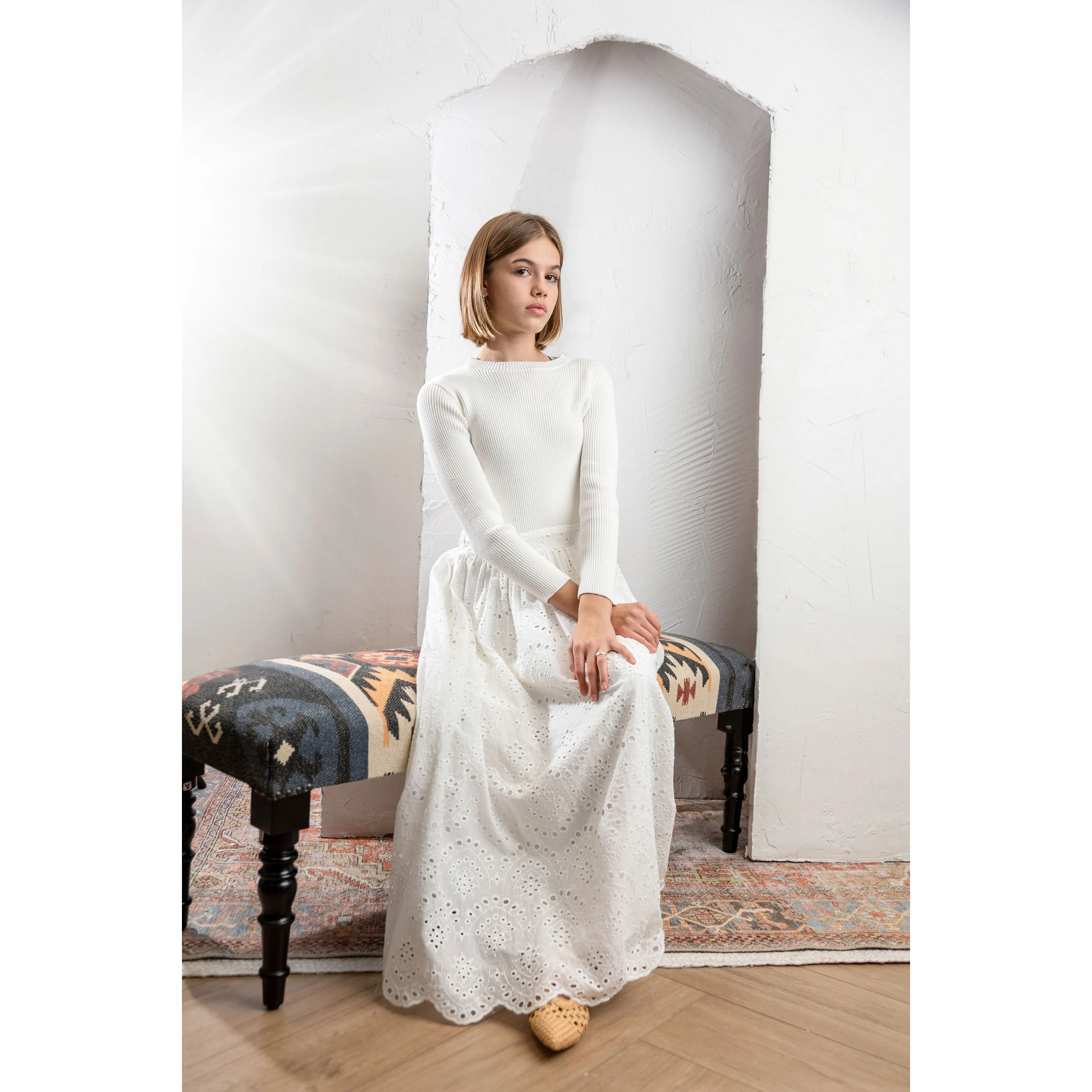 HEV White Knit To Eyelet Dress - Image 3