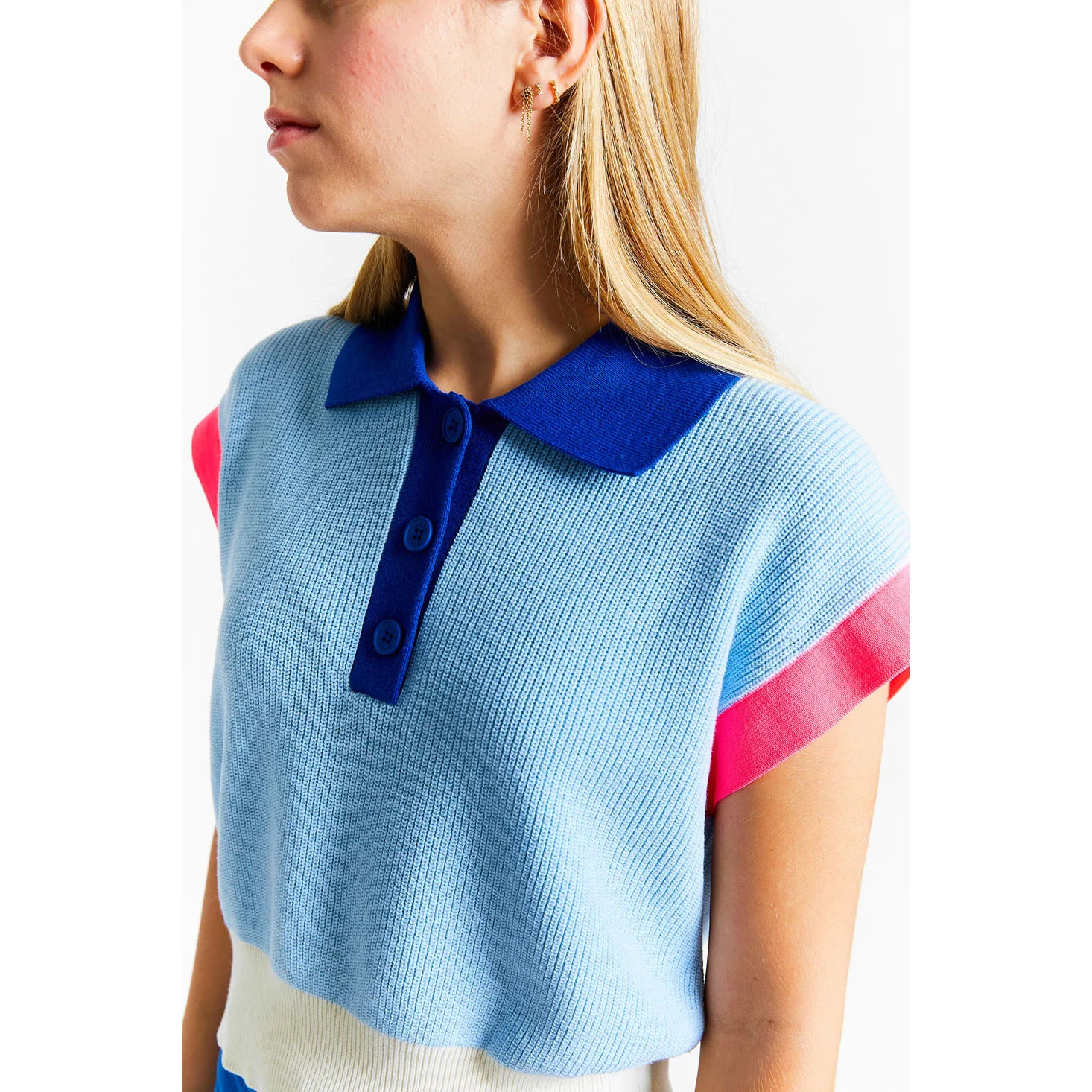 Indee Blue Tricolor Sleeve Knit Polo - Image 3