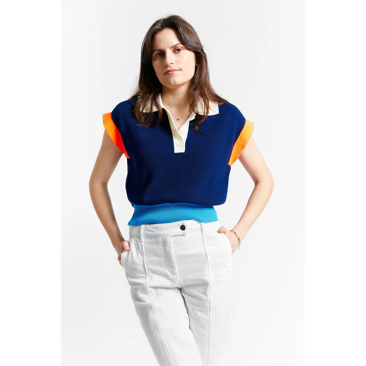 Indee Navy Tricolor Sleeve Knit Polo - Image 2