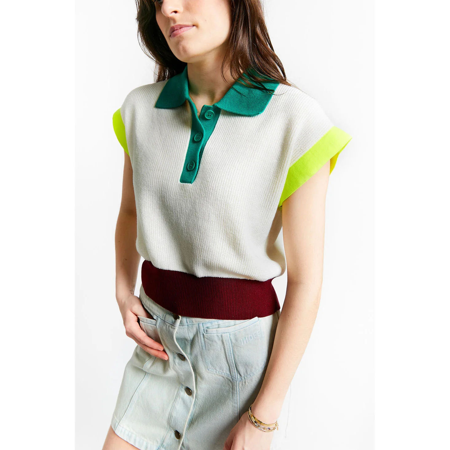 Indee Off White Tricolor Sleeve Knit Polo - Image 2