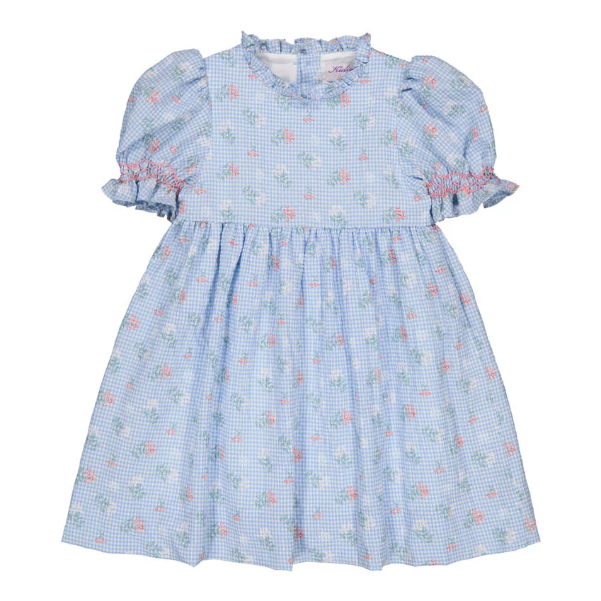 Kidiwi Blue Seersucker Gingham/Bouquet Dress