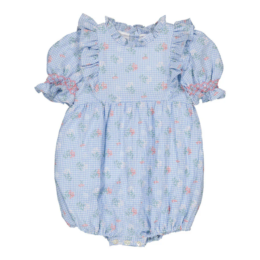 Kidiwi Blue Seersucker Gingham/Bouquet Romper