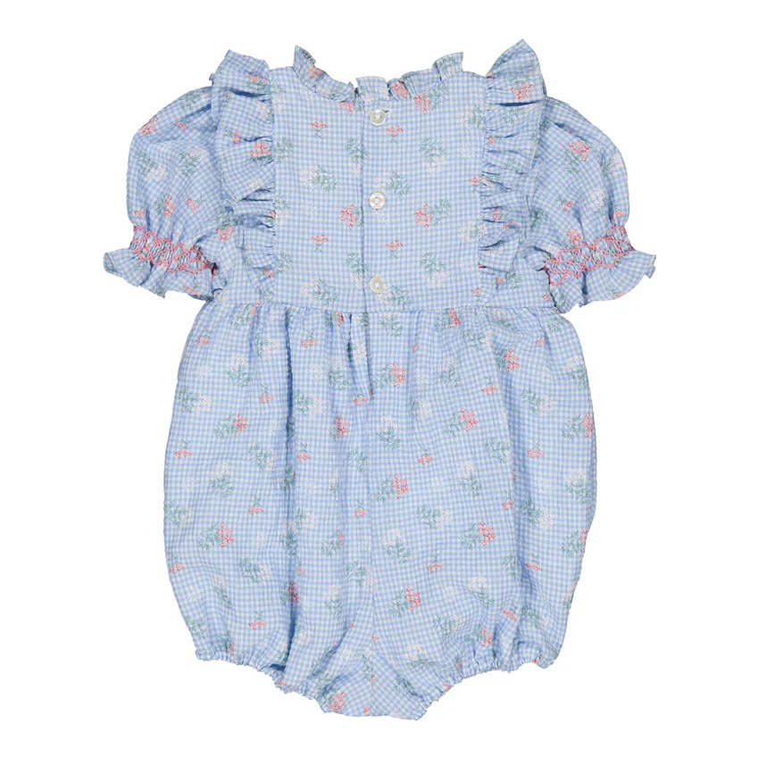 Kidiwi Blue Seersucker Gingham/Bouquet Romper - Image 2