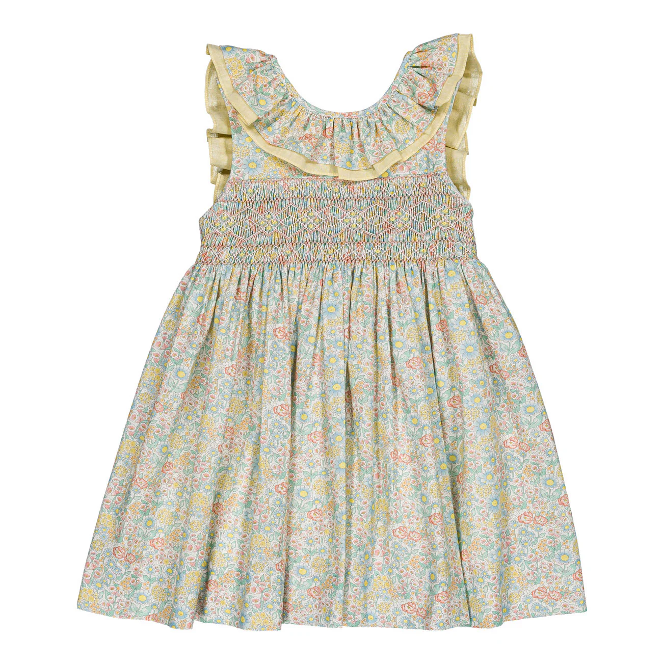 Kidiwi Coral Yellow Floral Melina Smocked Dress