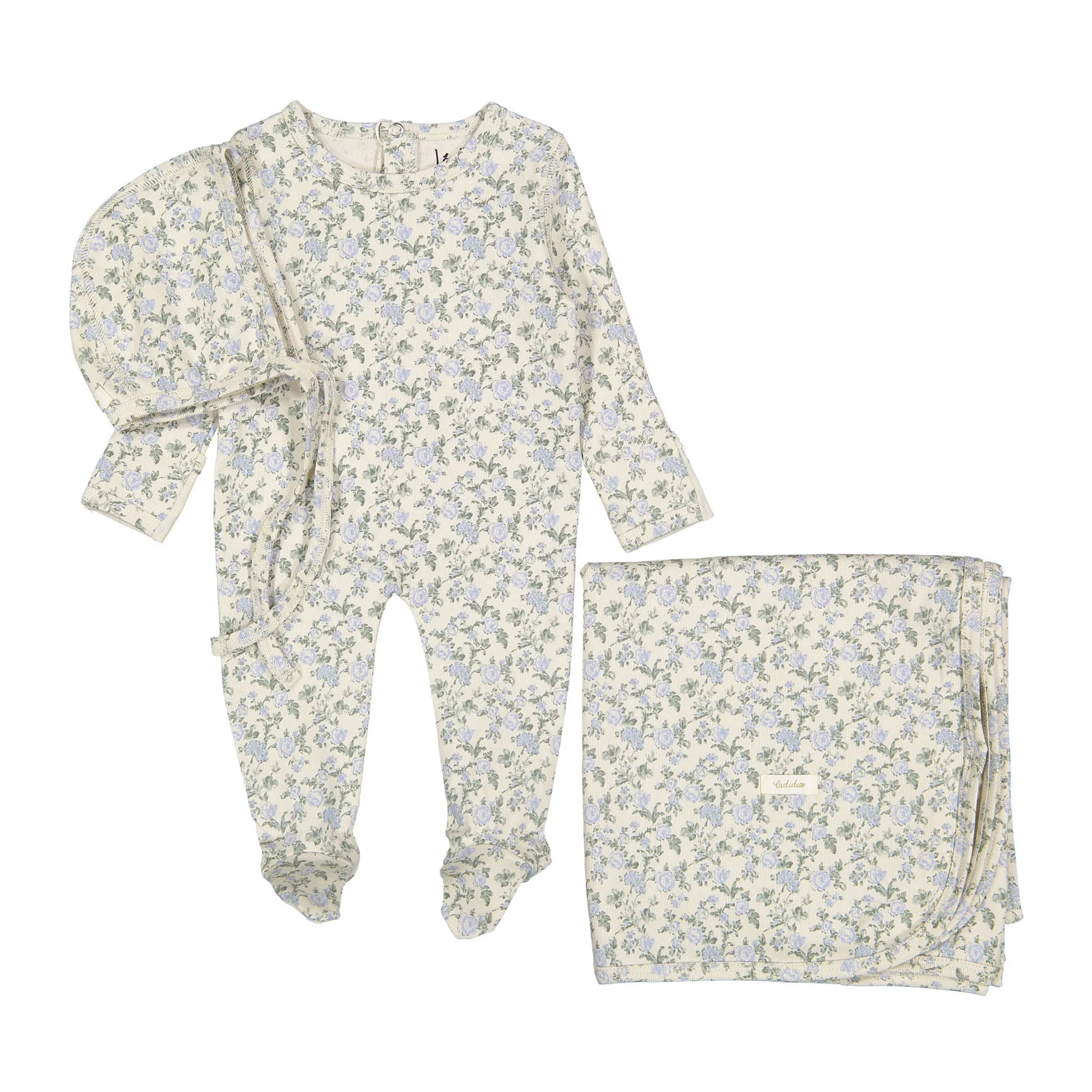 Ladida Layette Blue Garden Romper + Bonnet + Blanket