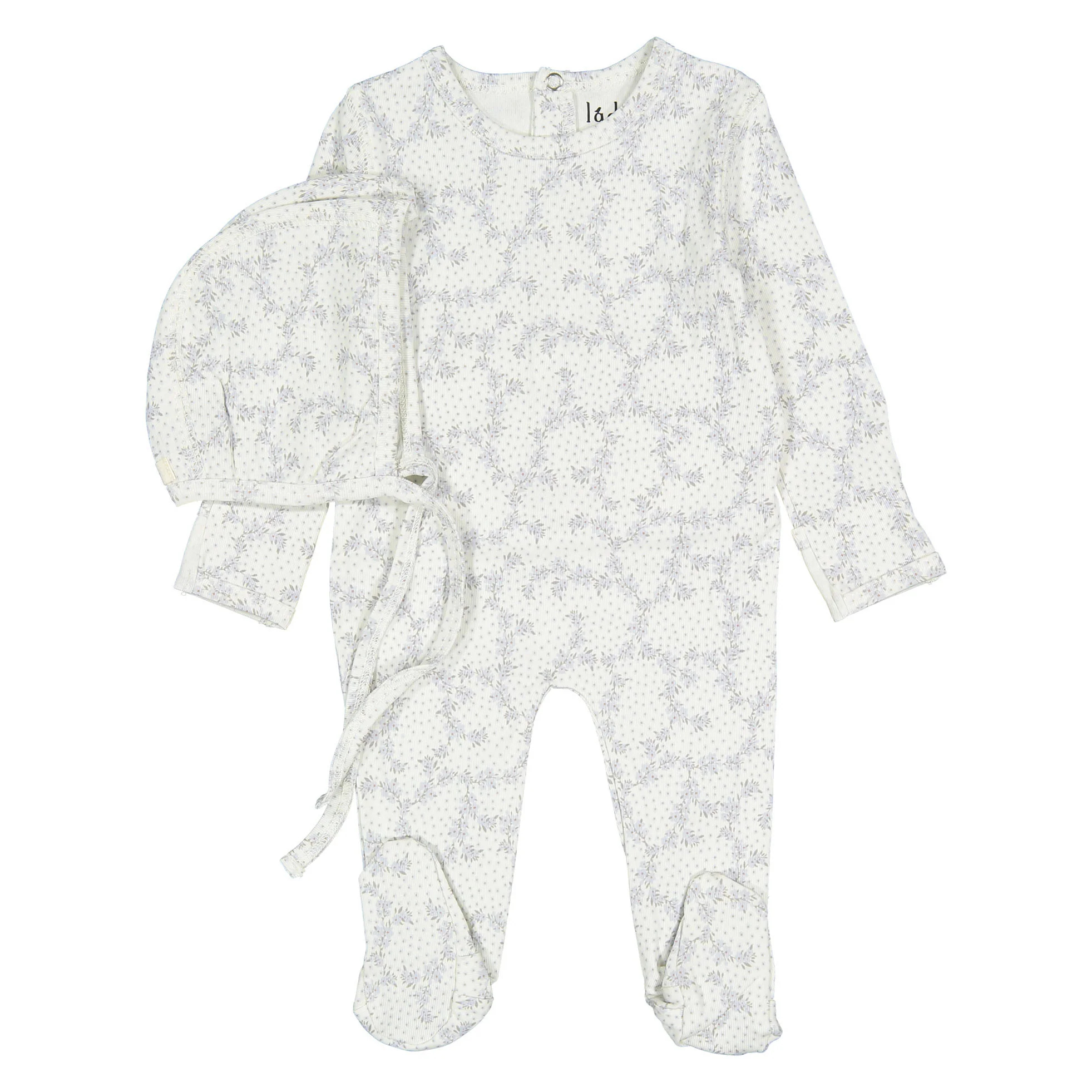 Ladida Layette Blue Vintage Vine Footie+ Bonnet
