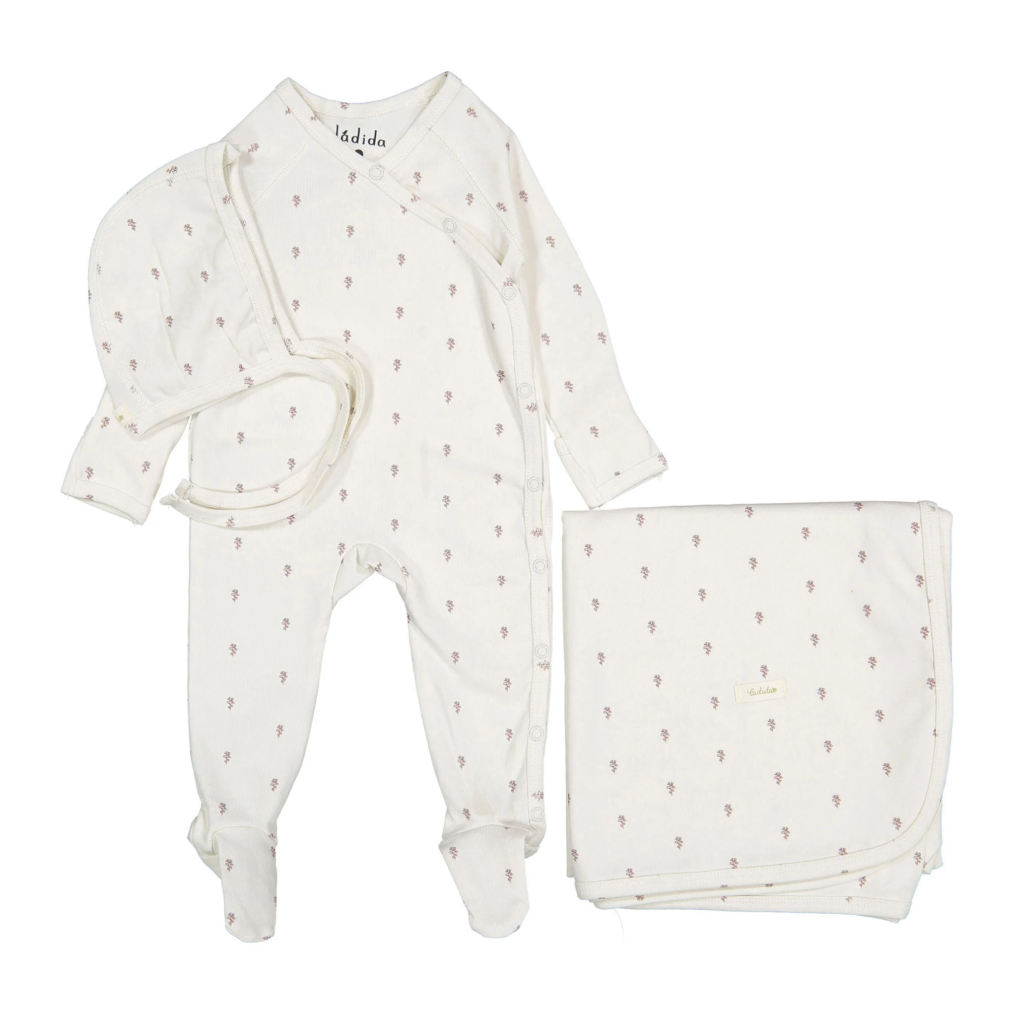 Ladida Layette Green Tiny Rose Romper + Bonnet + Blanket