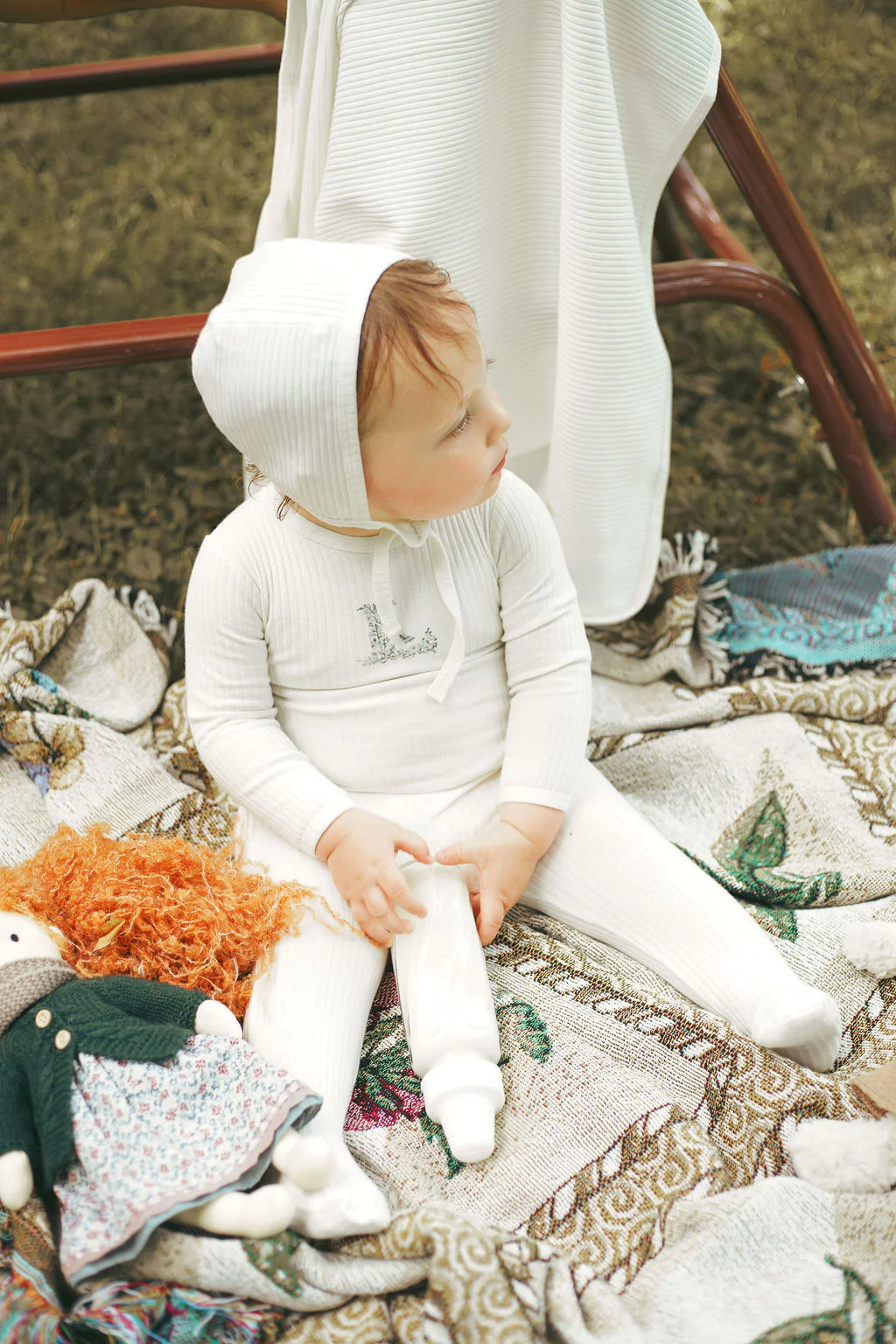 Ladida Layette Ivory/ Blue L Ribbed Romper + Bonnet - Image 2
