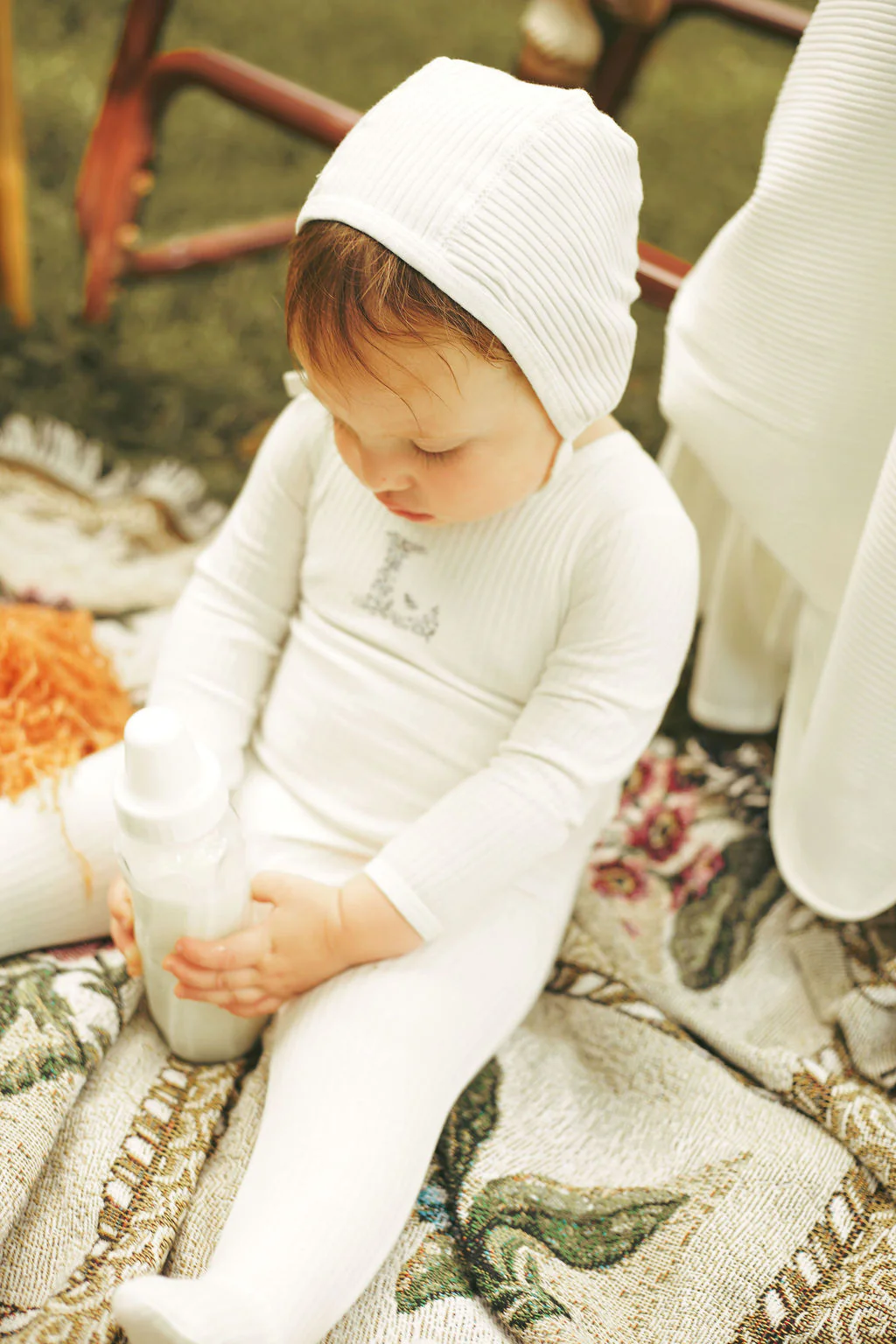 Ladida Layette Ivory/ Blue L Ribbed Romper + Bonnet - Image 4