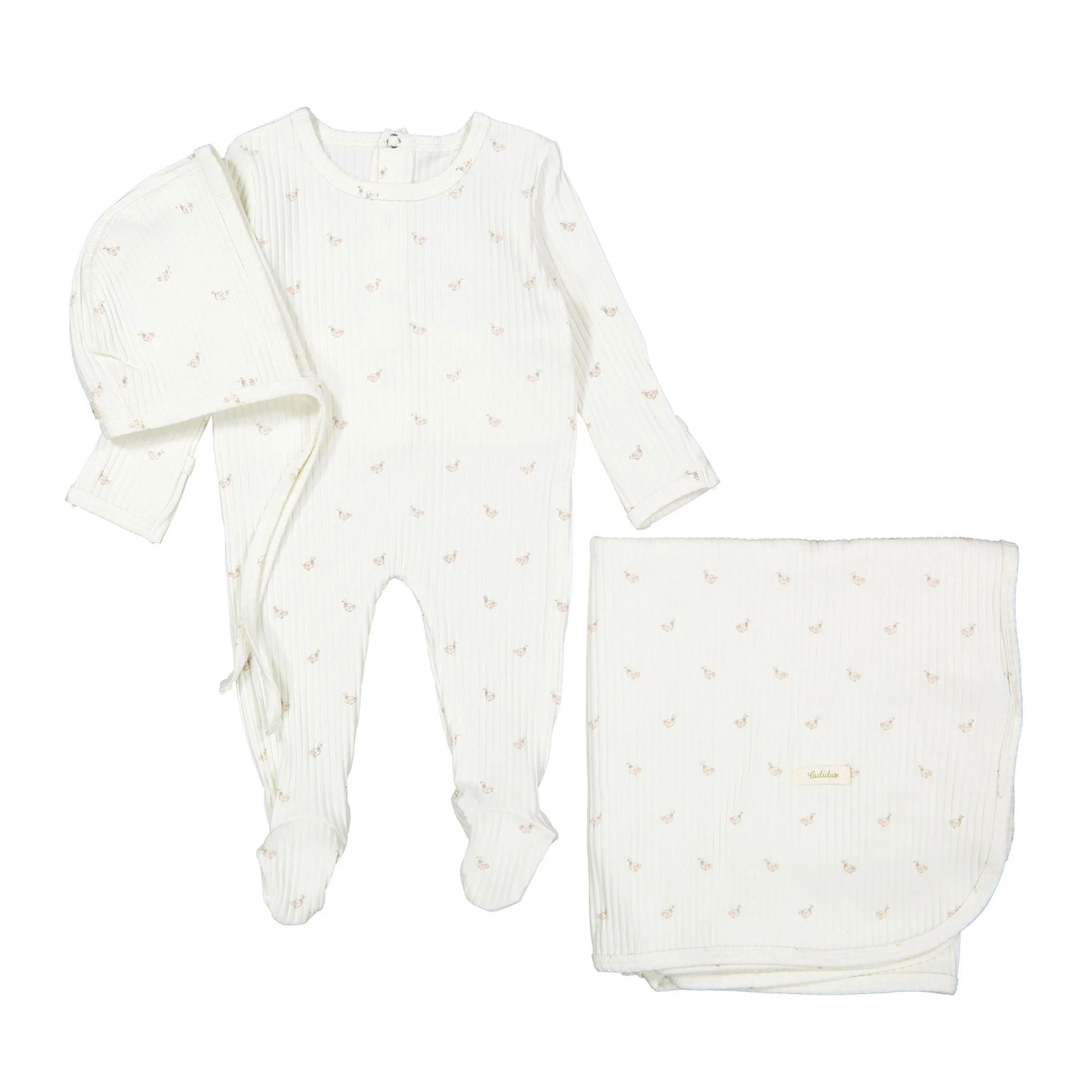 Ladida Layette Pink Duckling Romper + Bonnet + Blanket