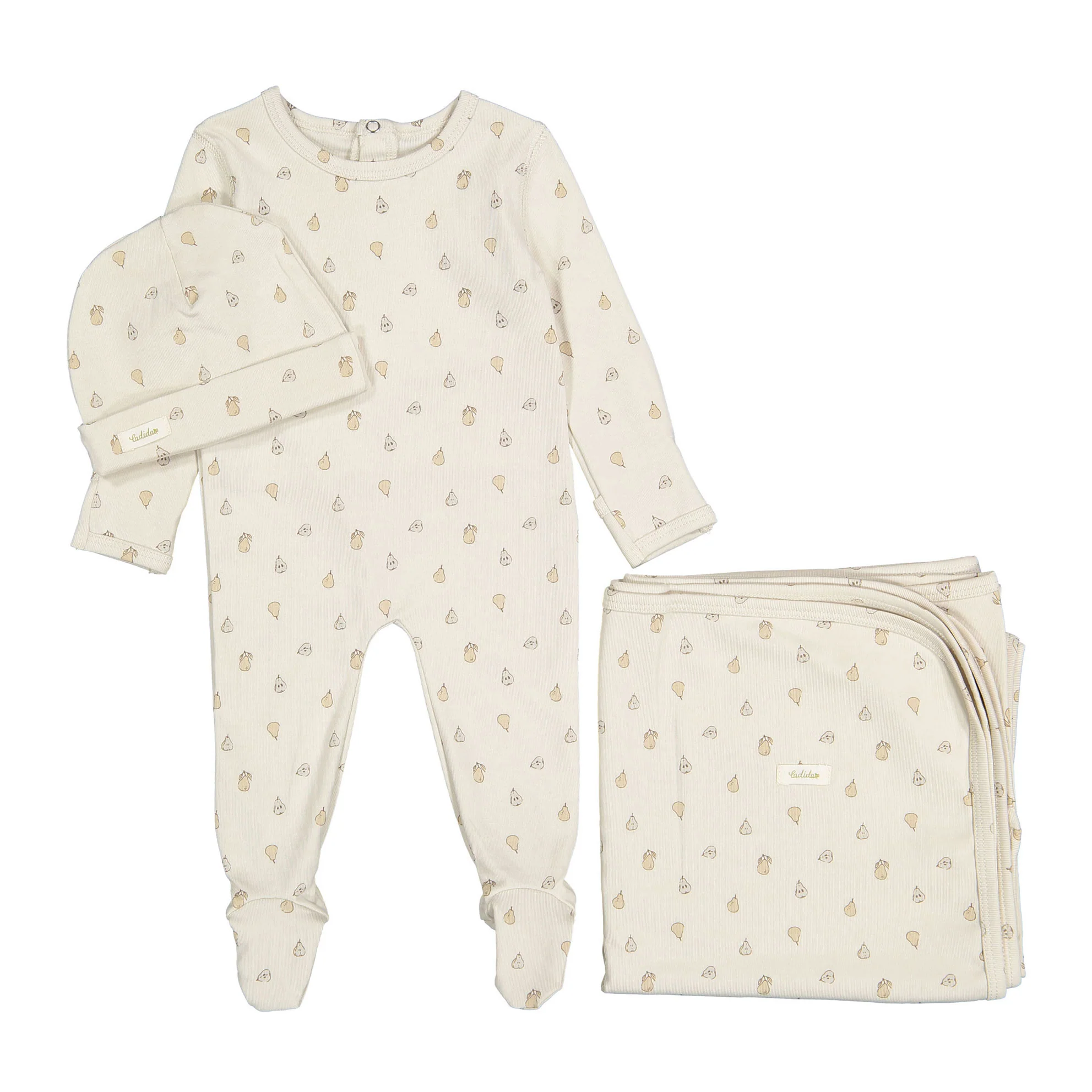 Ladida Layette Sketched Pears Romper + Hat + Blanket