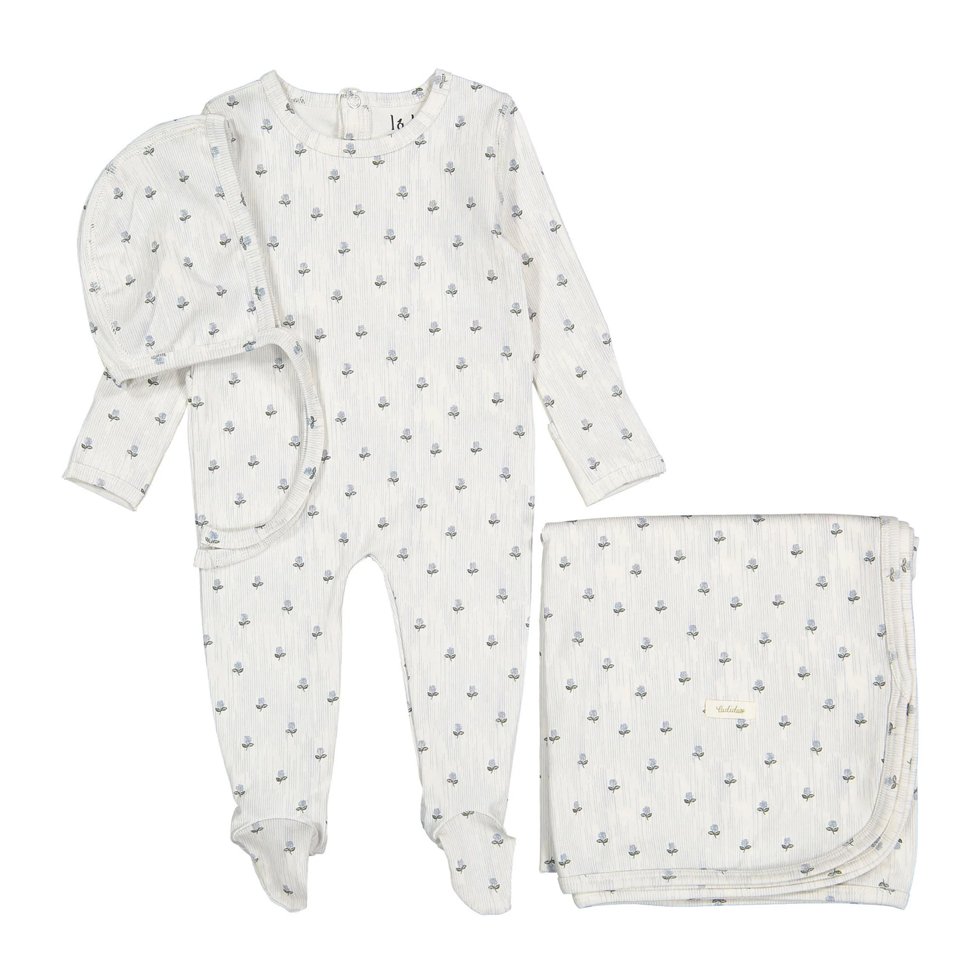 Ladida Layette Vintage Blue Romper + Bonnet + Blanket