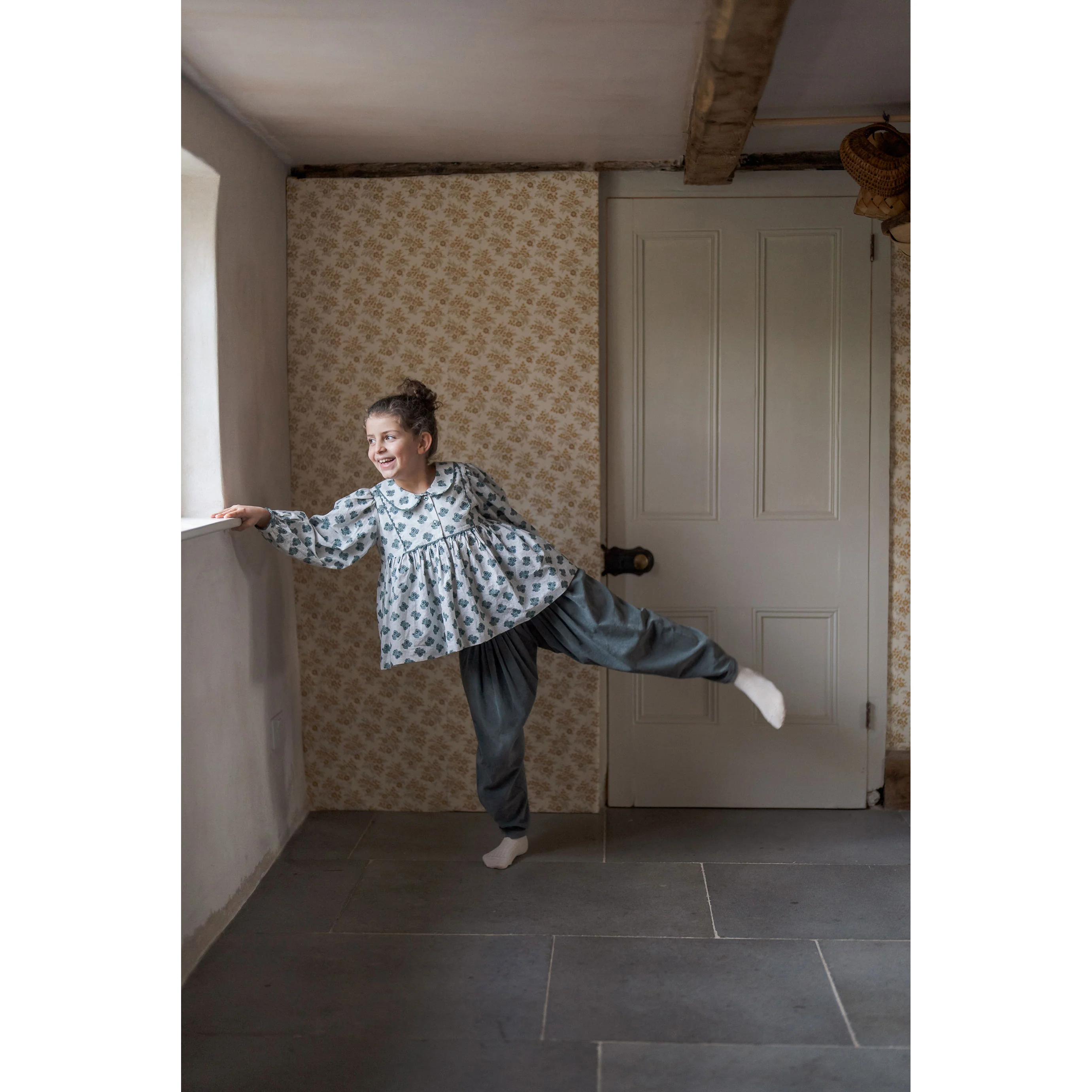 Little Cotton Clothes Hollyhock Floral Teal Blouse - Image 2